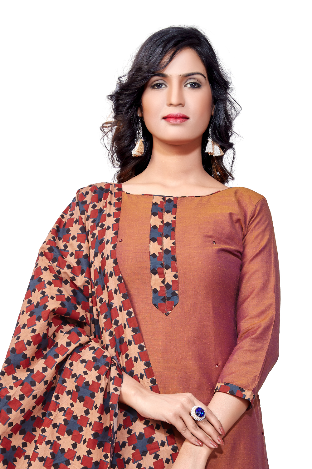 Brown Chanderi Placement Printed Unstitched Suit Set image number 3