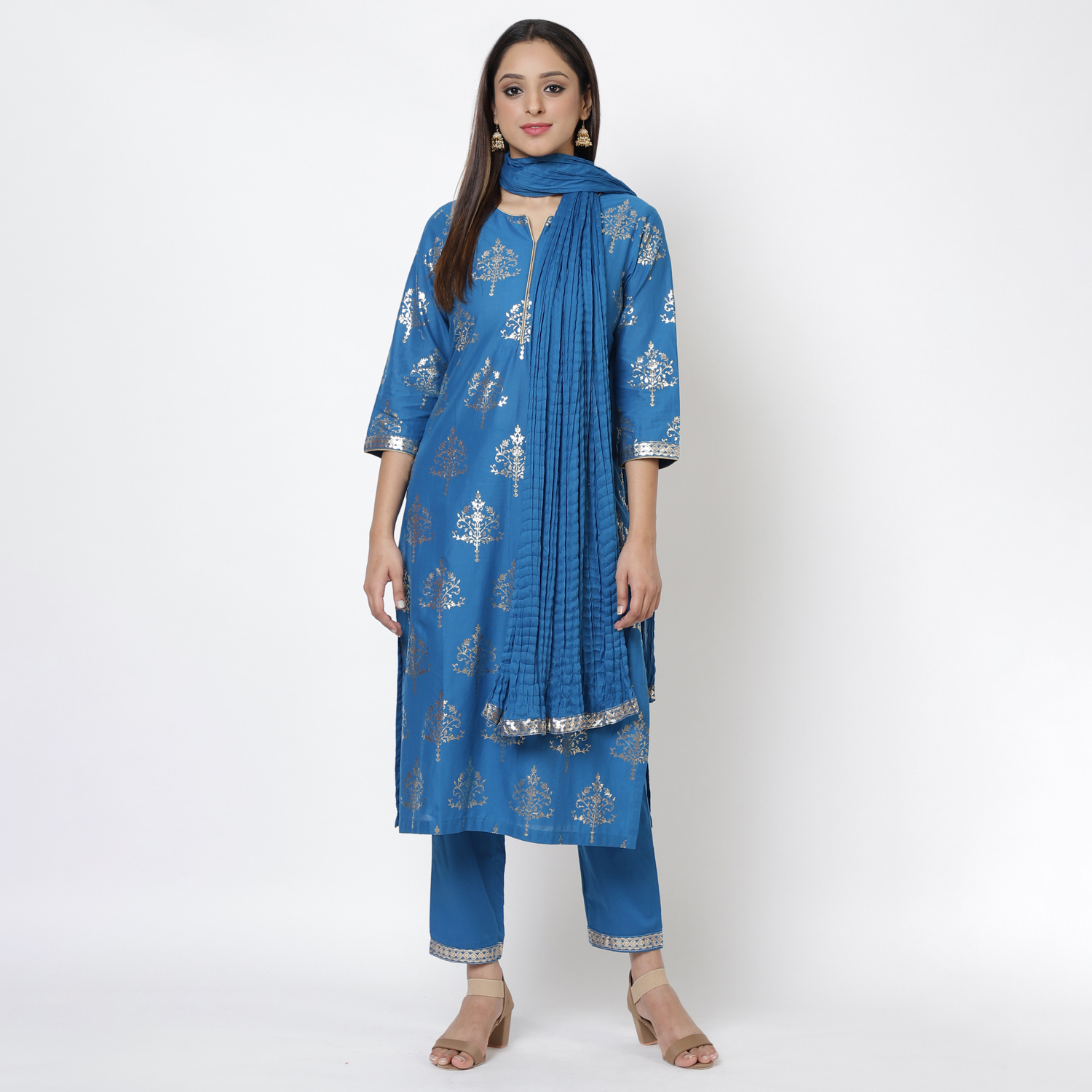 Royal Blue Cotton Straight Kurta Pant Suit Set image number 0