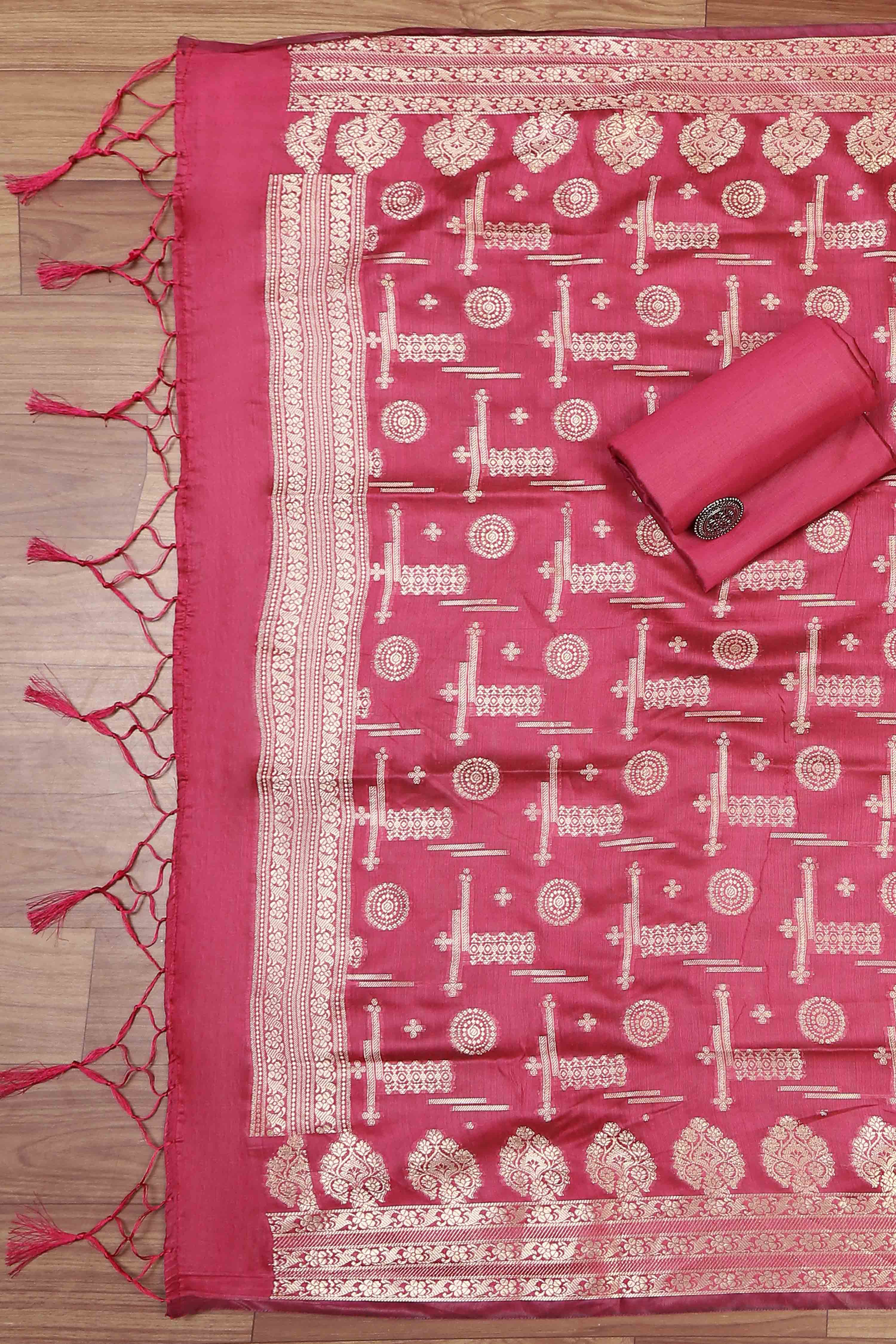 Wine Poly Silk Banarasi Unstitched Suit Set image number 3