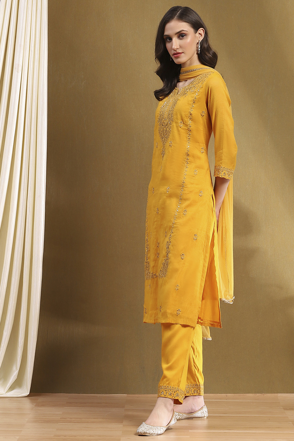 Yellow Embroidered Festive Straight Suit Set image number 3