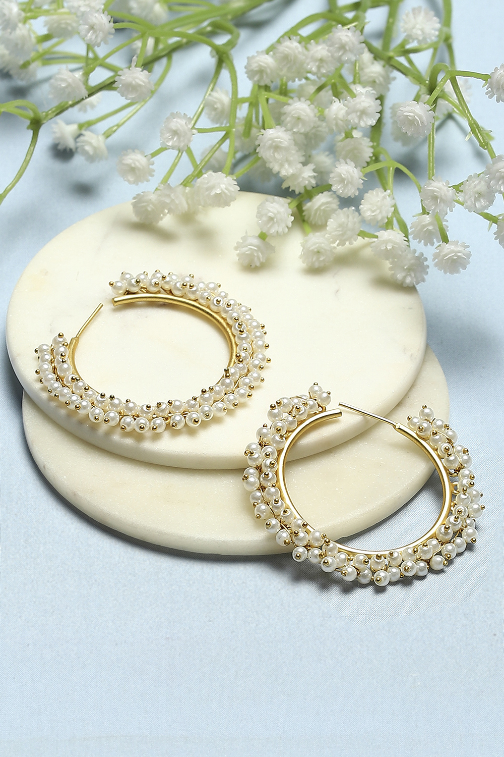 White Gold-Plated Pearl Contemporary Hoops image number 0