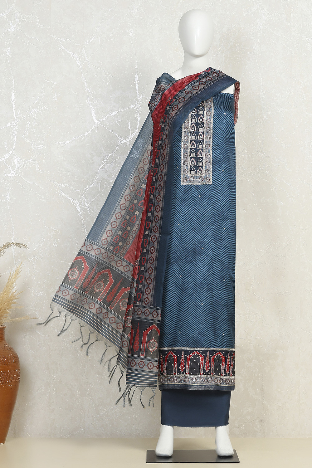 Blue Chanderi Printed Unstitched Suit Set image number 5