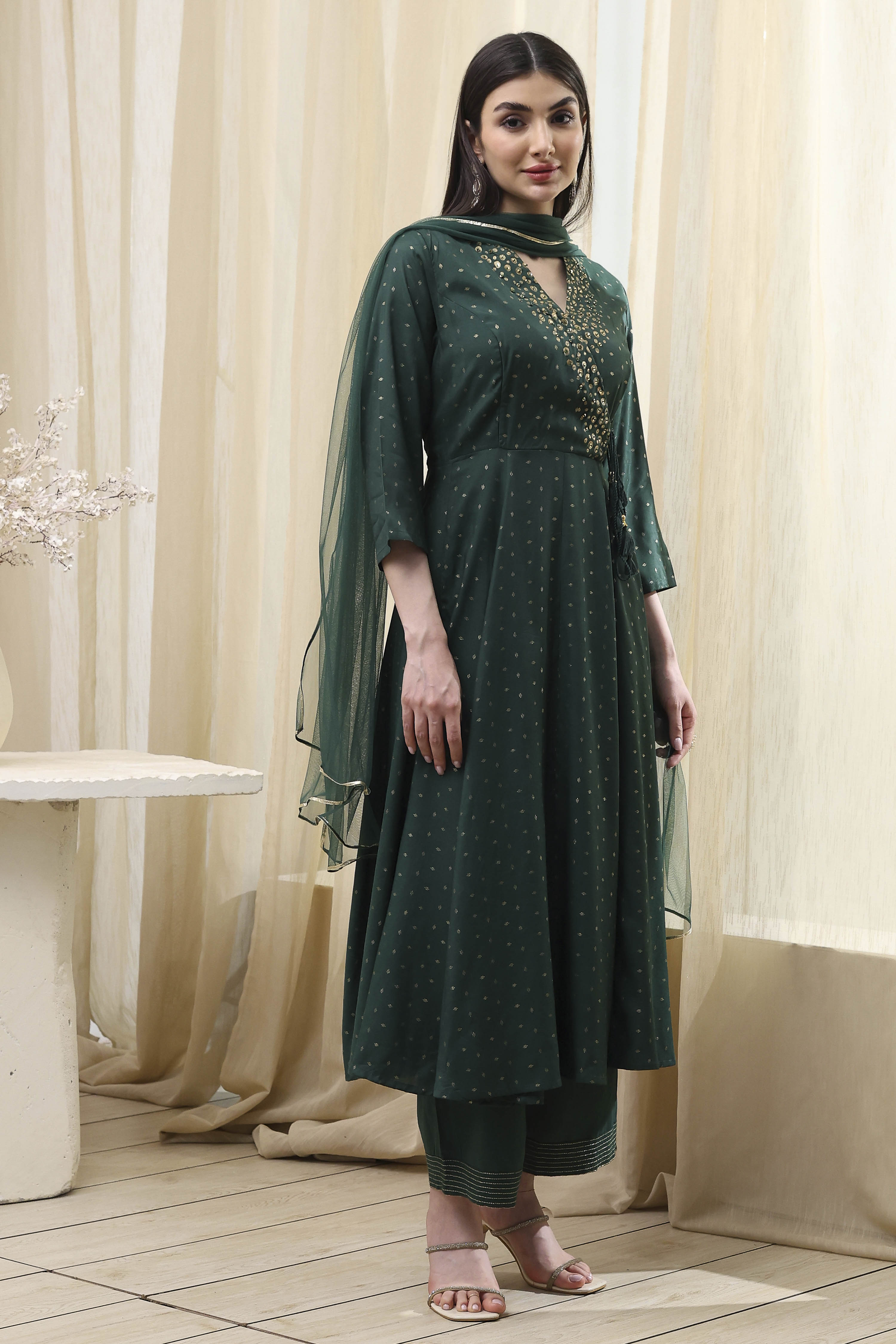 Dark Green Shantoon Printed Anarkali Suit Set image number 5