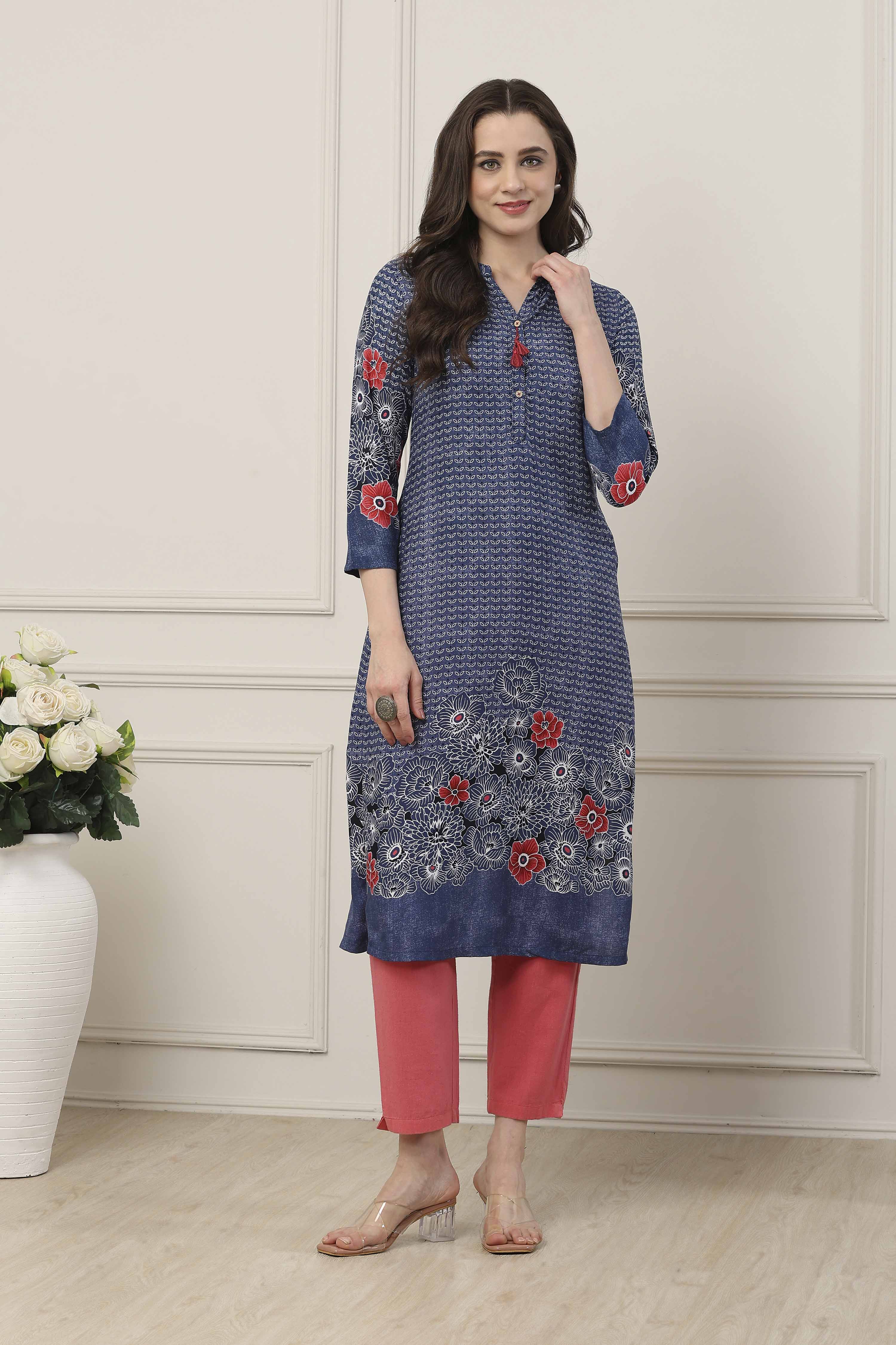 Indigo Blue Floral Printed Straight Kurta image number 5