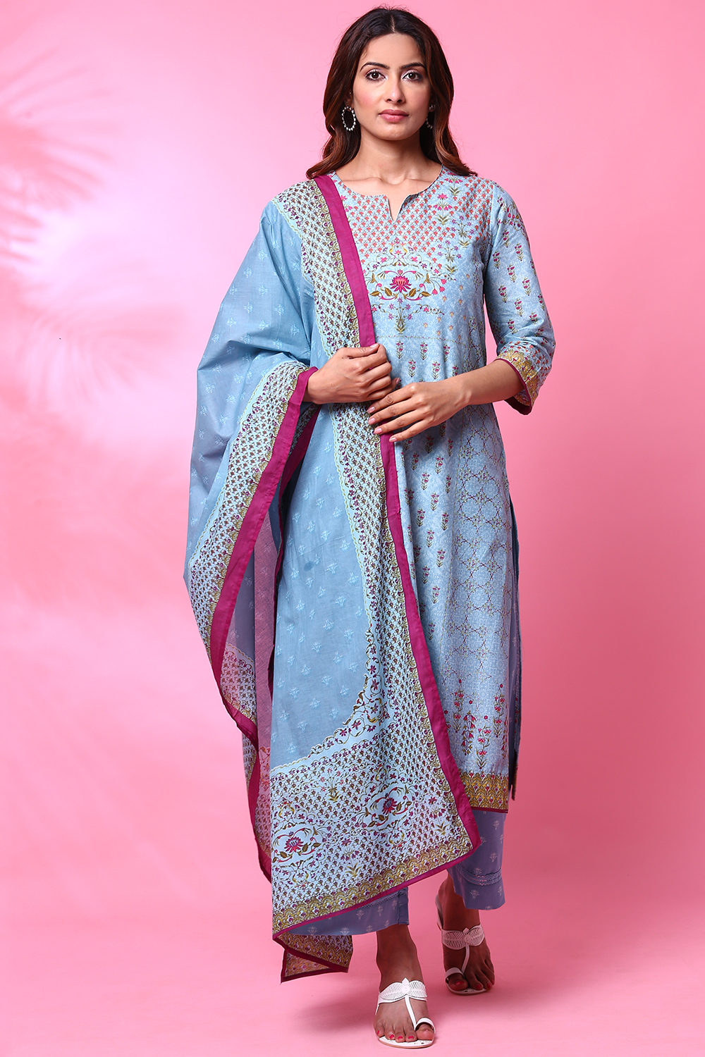 Beige Cotton Straight Kurta Palazzo Suit Set image number 4