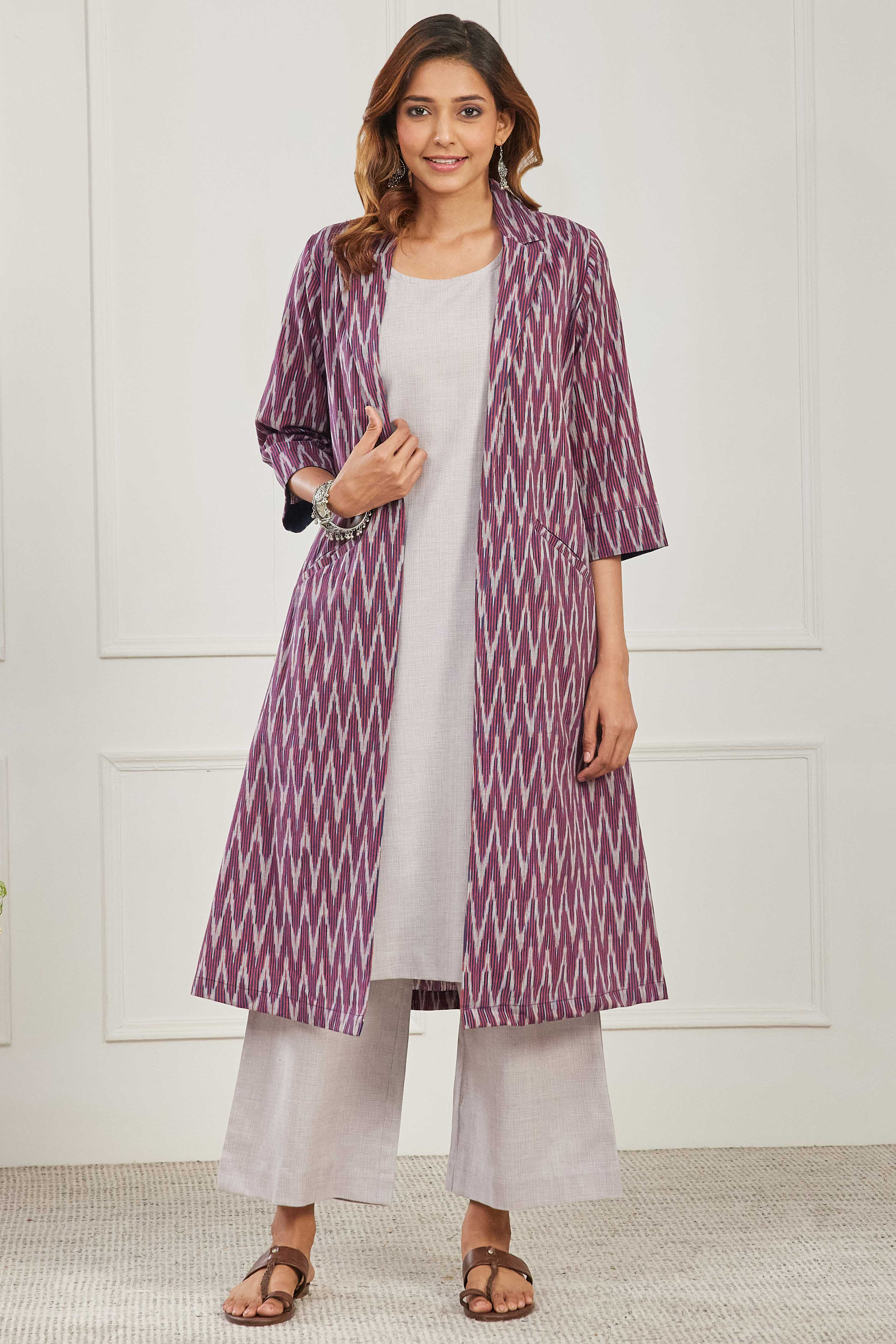 Grey & Purple Cotton 3-Piece Kurta Set With Ikkat Jacket image number 0