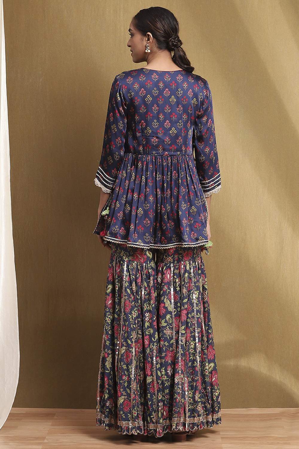 Navy Blue Viscose Floral Peplum Suit Set image number 4