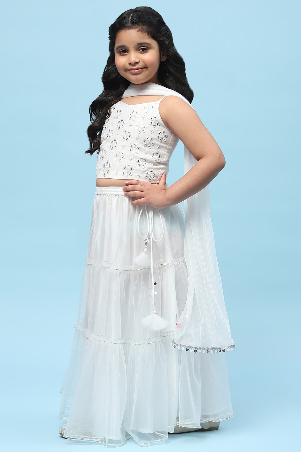 White Poly Chanderi Mirror Work Tiered Lehenga Set image number 4