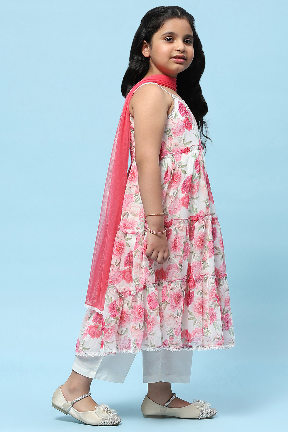 Off-White and Pink Poly Chiffon Floral Tiered Suit Set image number 6
