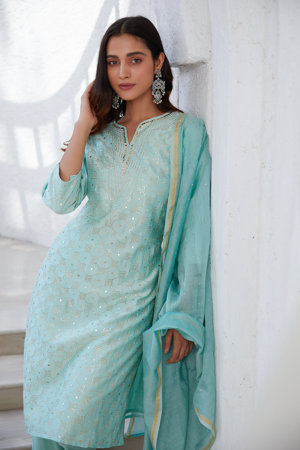 Pink Yard-Dyed Chanderi Kurta & Pants Suit Set image number 7