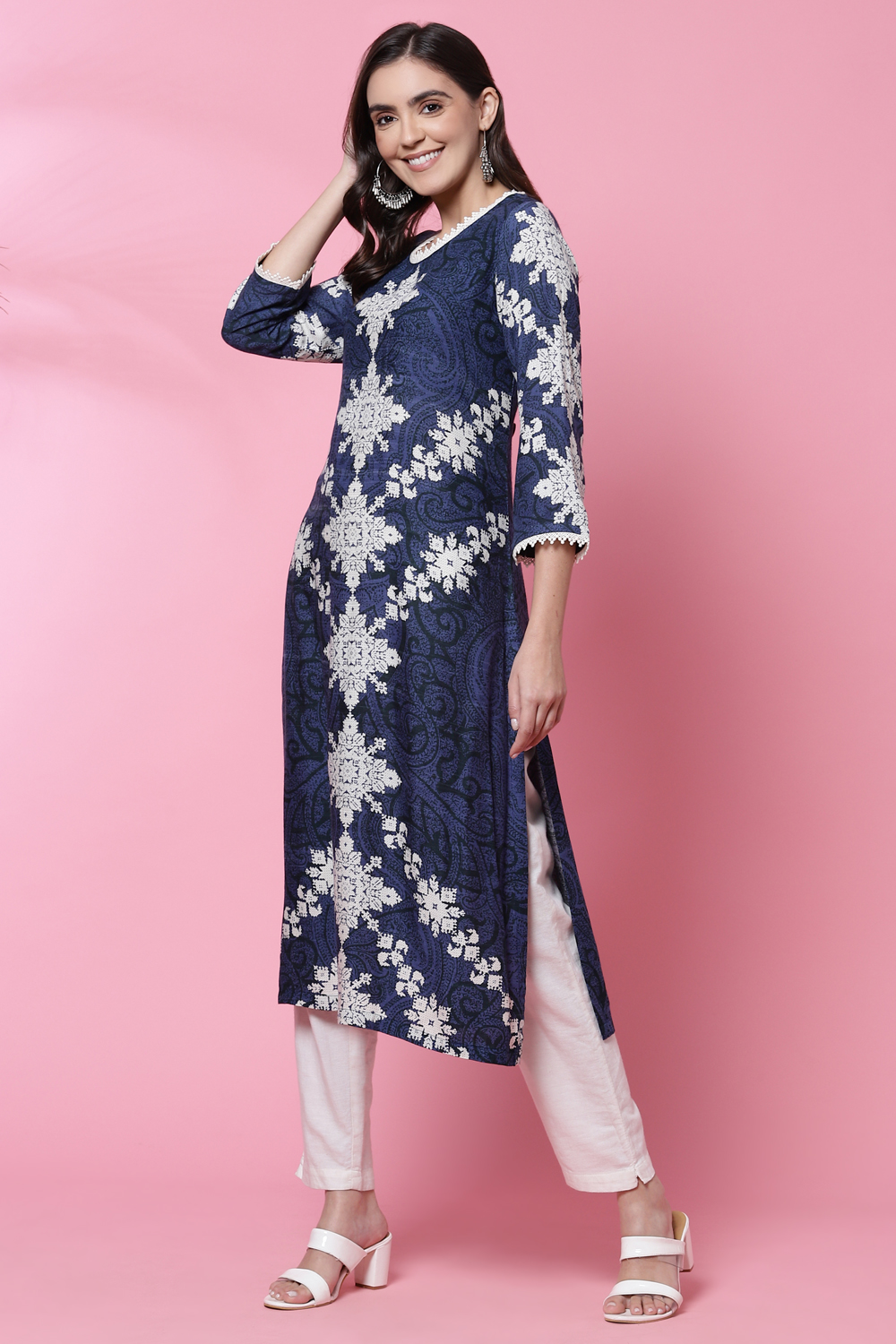 Indigo LIVA Straight Kurta image number 2