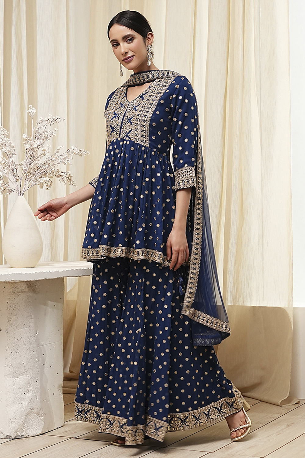 Ivory Georgette Embroidered Peplum Suit Set image number 3