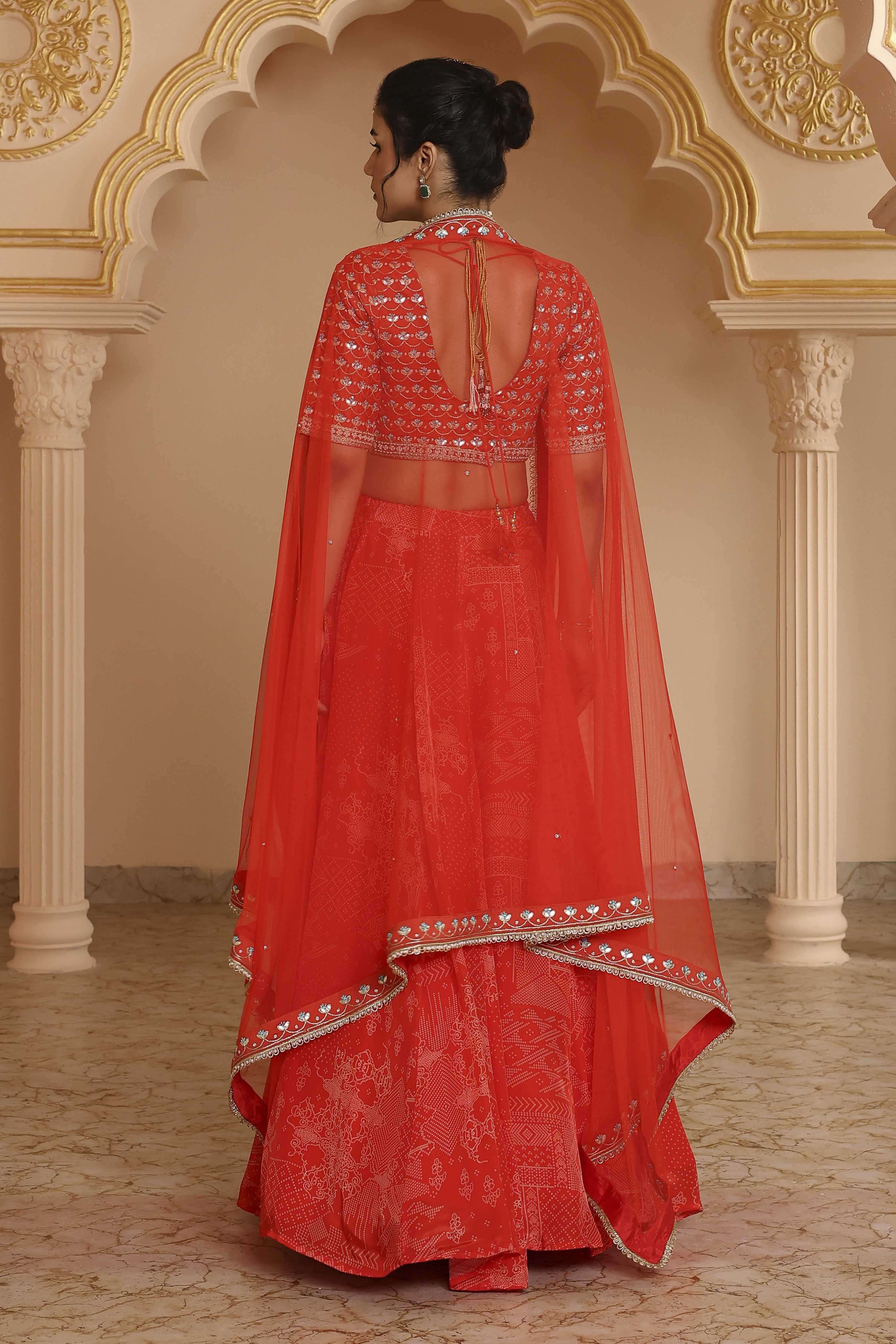 Red Chanderi Digital Printed Lehenga Set image number 6