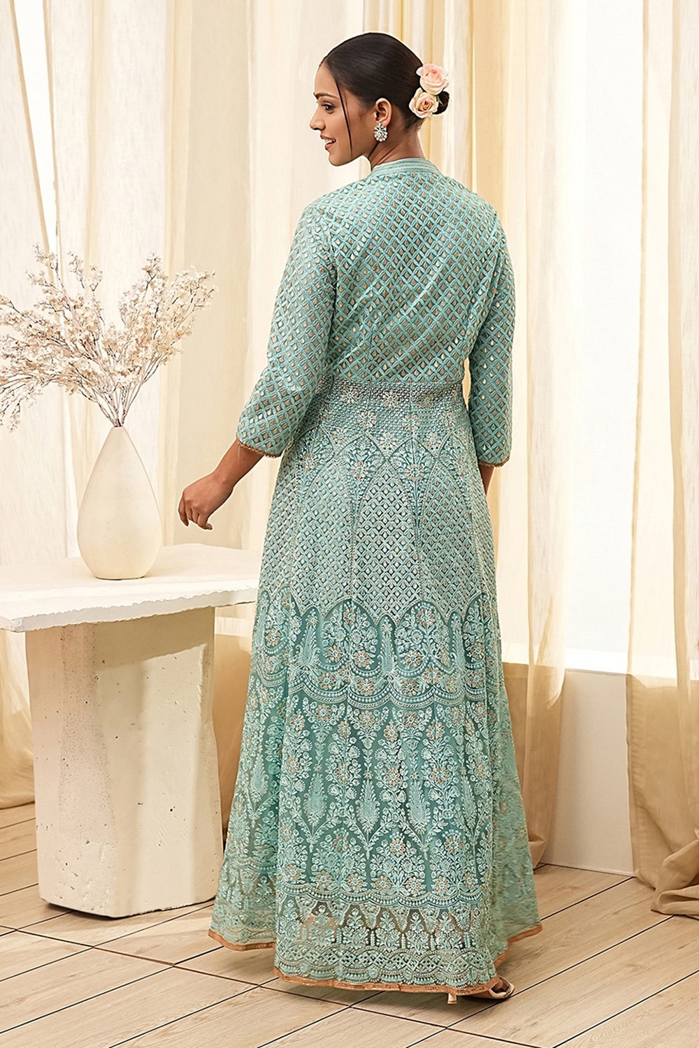 Blue Embroidered Anarkali Lehenga Set image number 4
