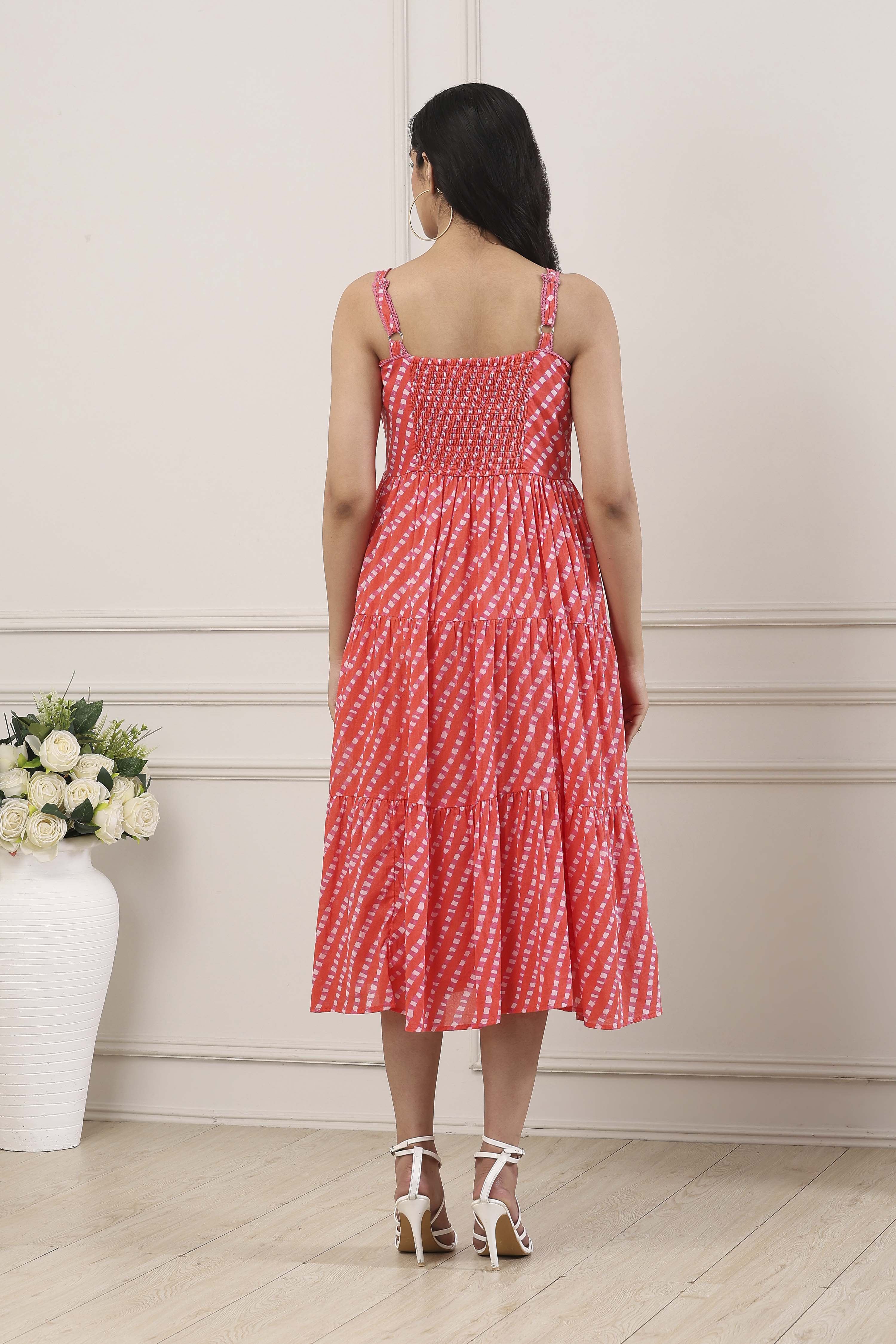 Orange Cotton Geometric Striped Tiered Midi Dress image number 3