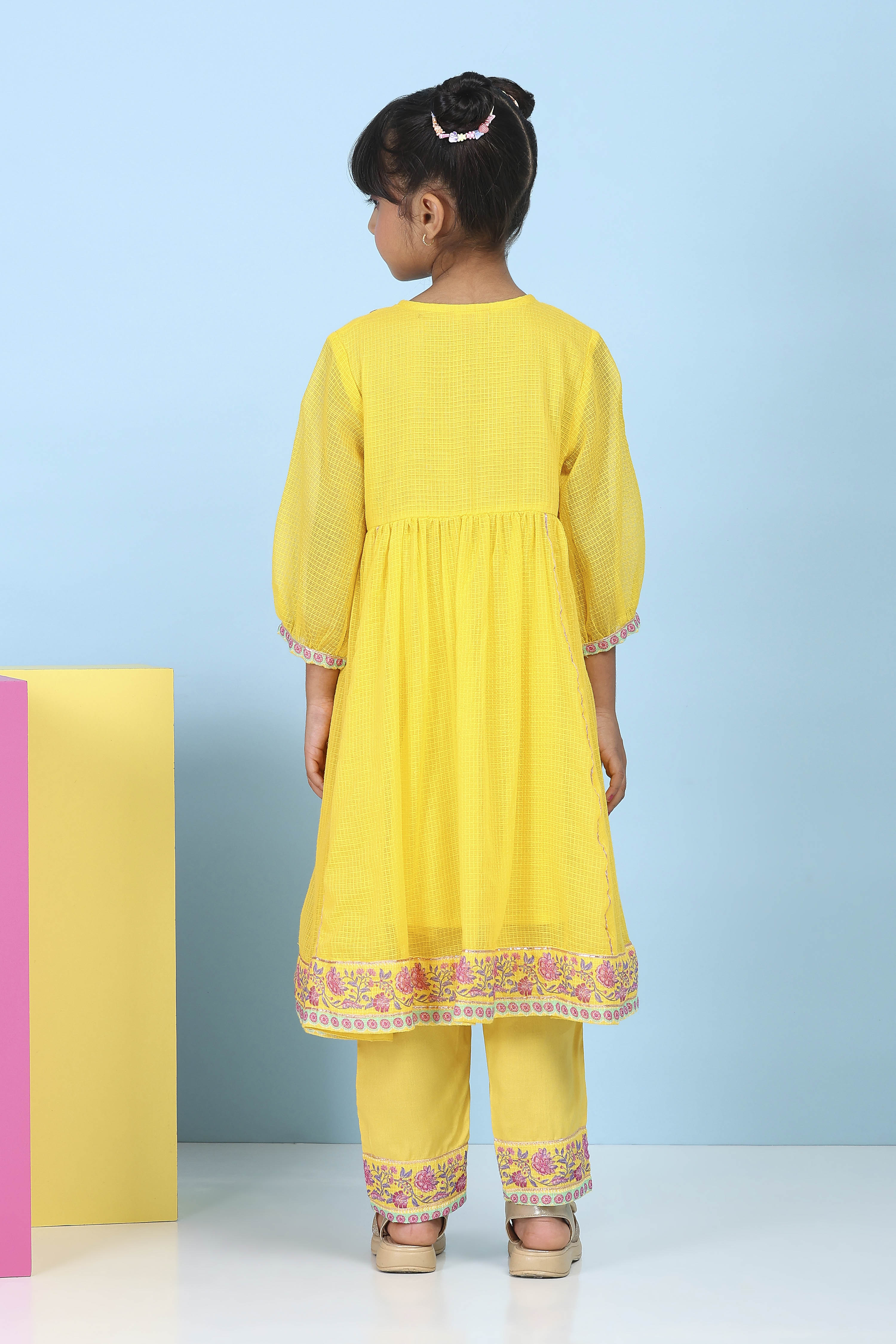 Yellow Cotton Embroidered Kalidar Suit Set image number 4