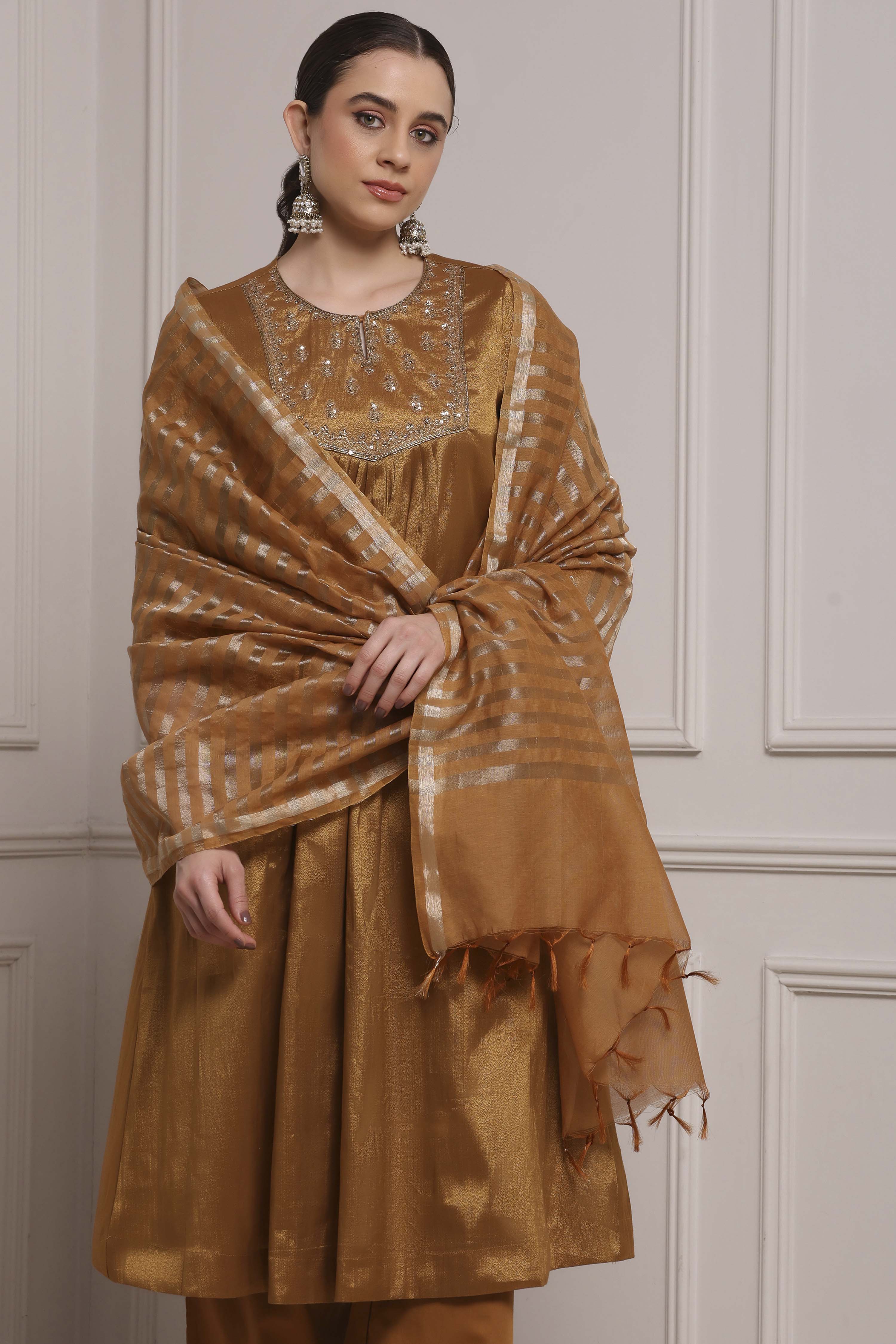 Copper Gold Cotton Tissue Embroidered Gathered Suit Set image number 7
