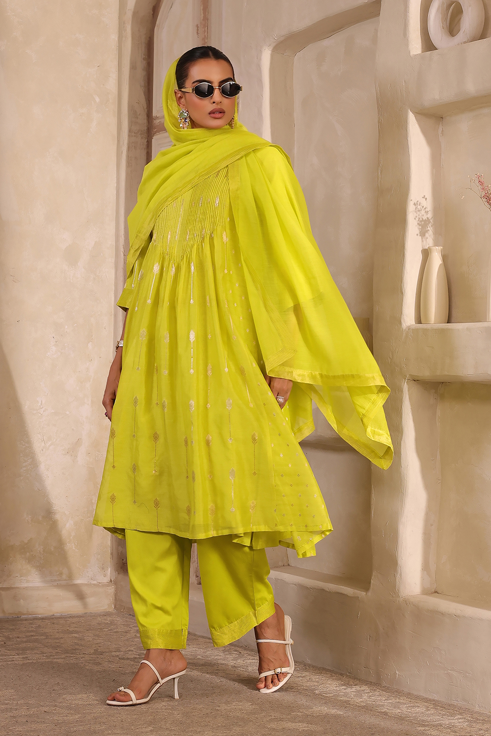 Lime Green Silk Printed Gathered Suit Set image number 3