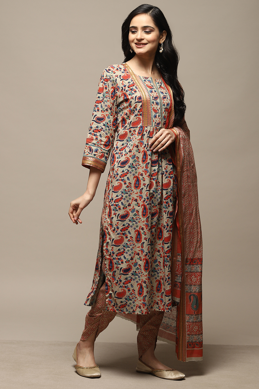 Red Cotton Hand Block Print Unstitched Suit Set image number 5