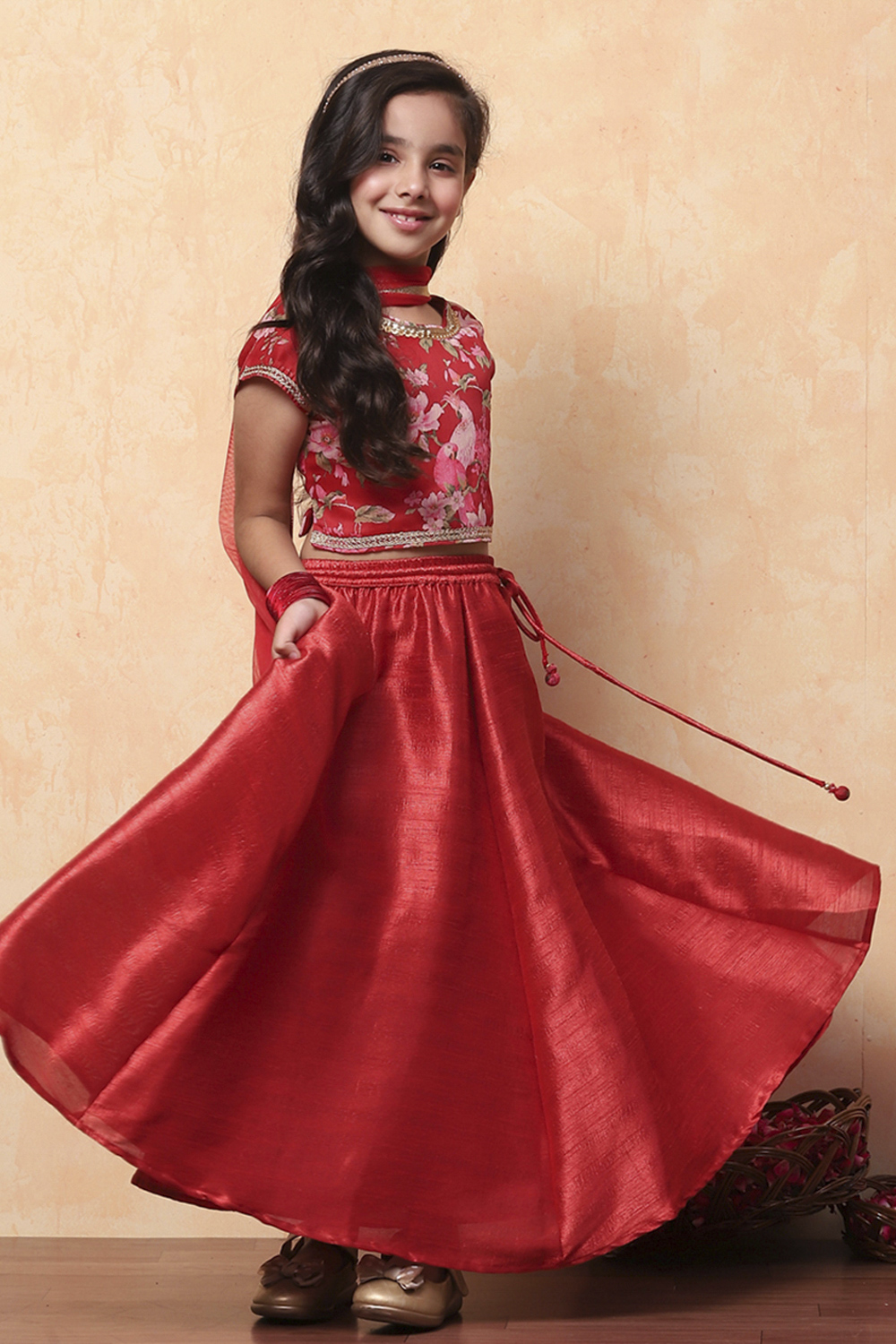 Red Floral Printed Flared Festive Lehenga Set image number 6