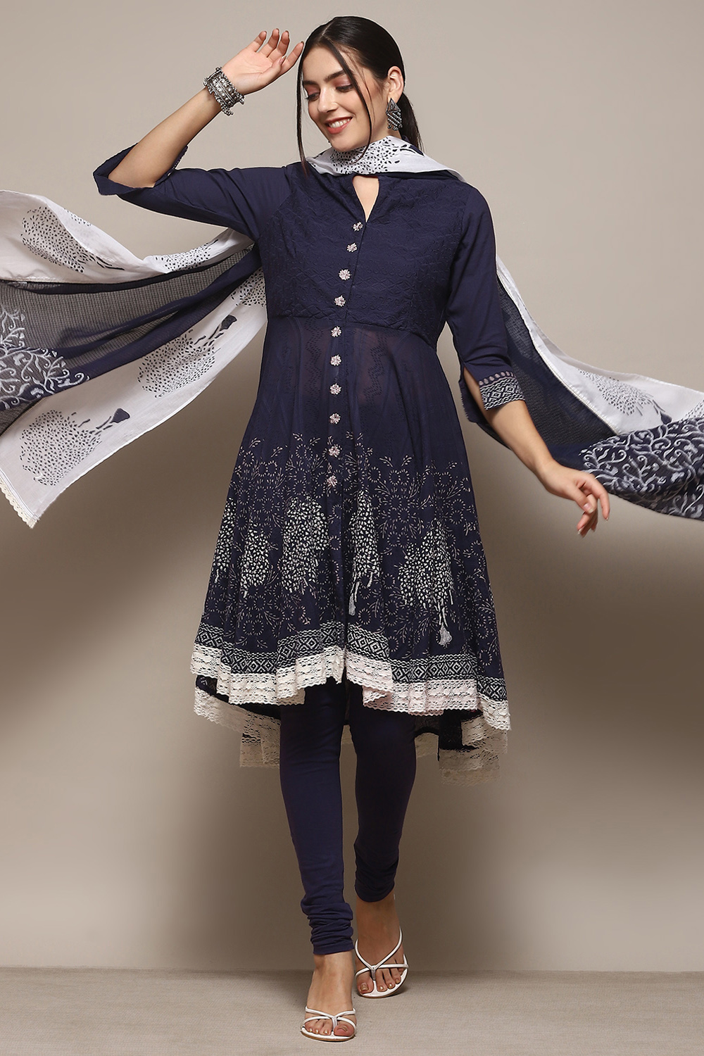Turquoise Cotton Anarkali Solid Kurta Churidar Suit Set image number 0