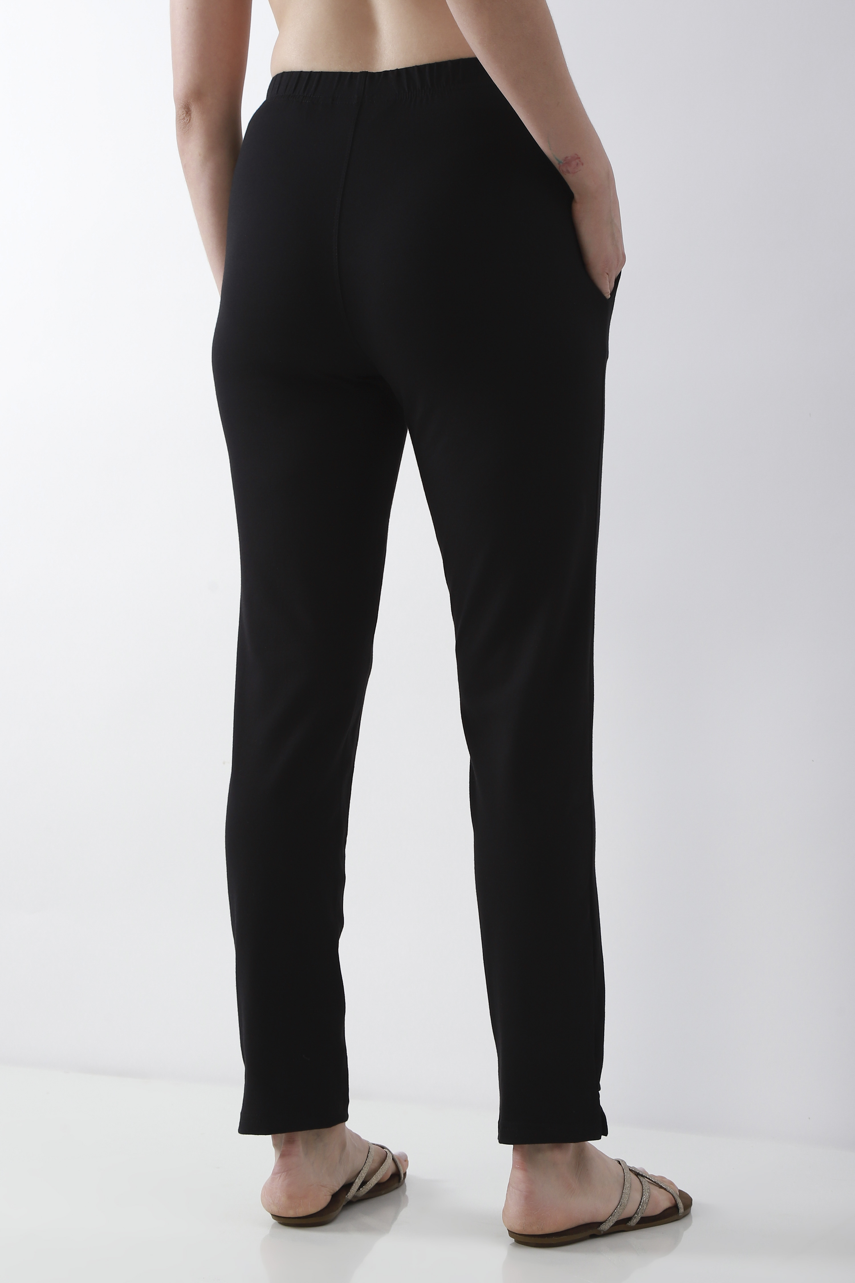 Navy Blue Solid Cotton Lycra Straight Pants image number 5