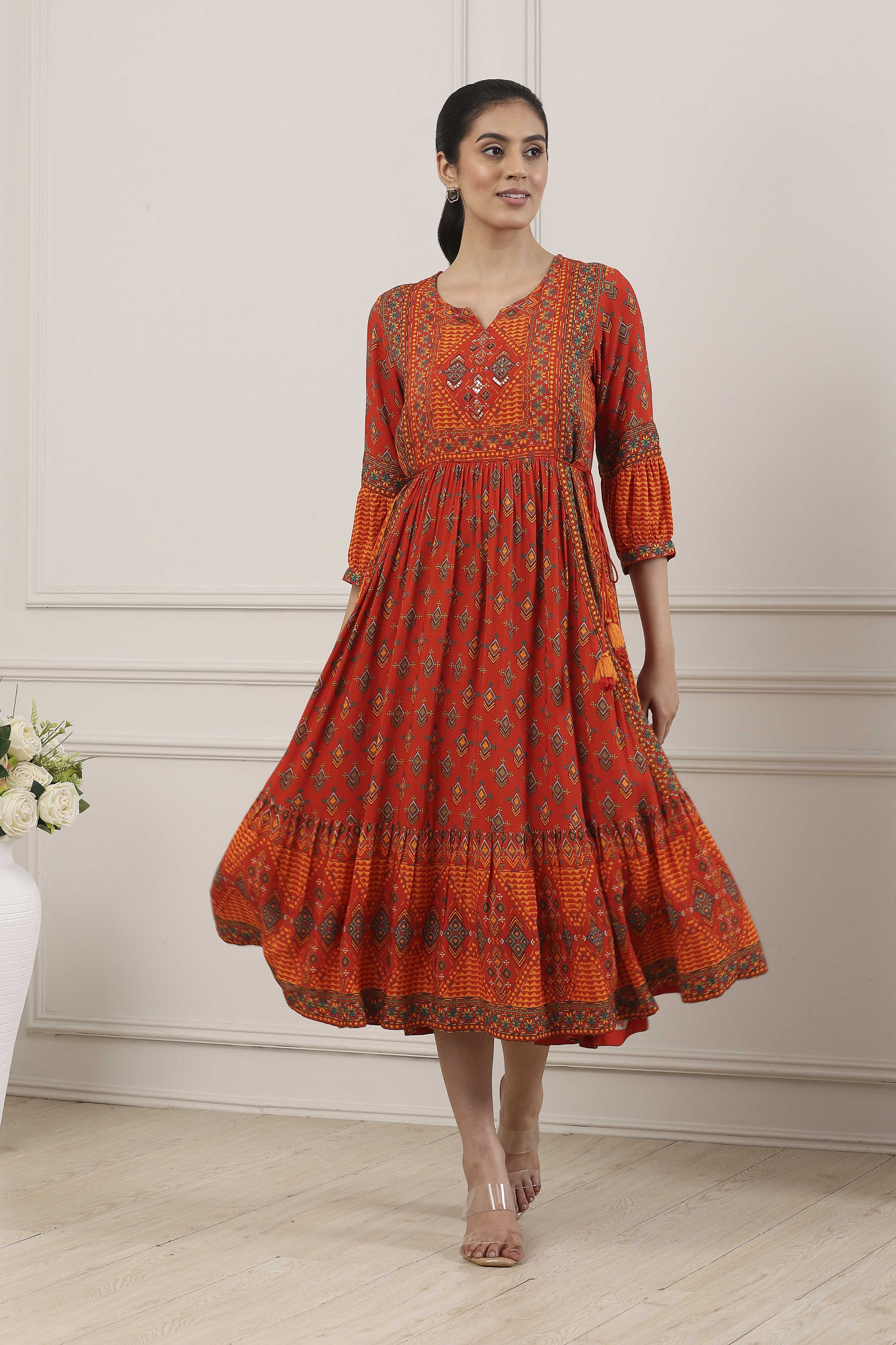 Rust Orange Ethnic Motif Printed Midi Dress image number 0