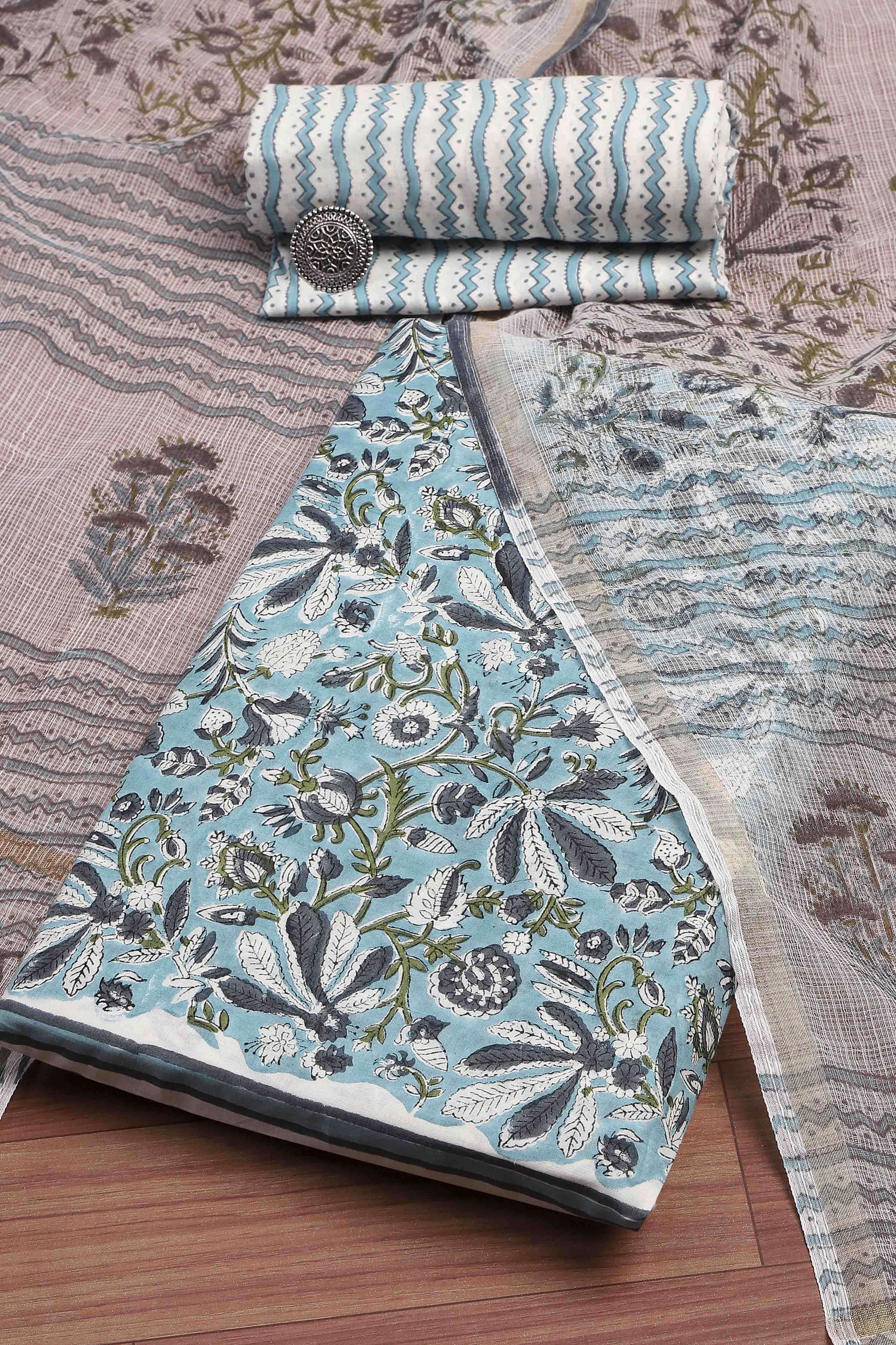 Sky Blue Cotton Hand Block Print Unstitched Suit Set image number 0