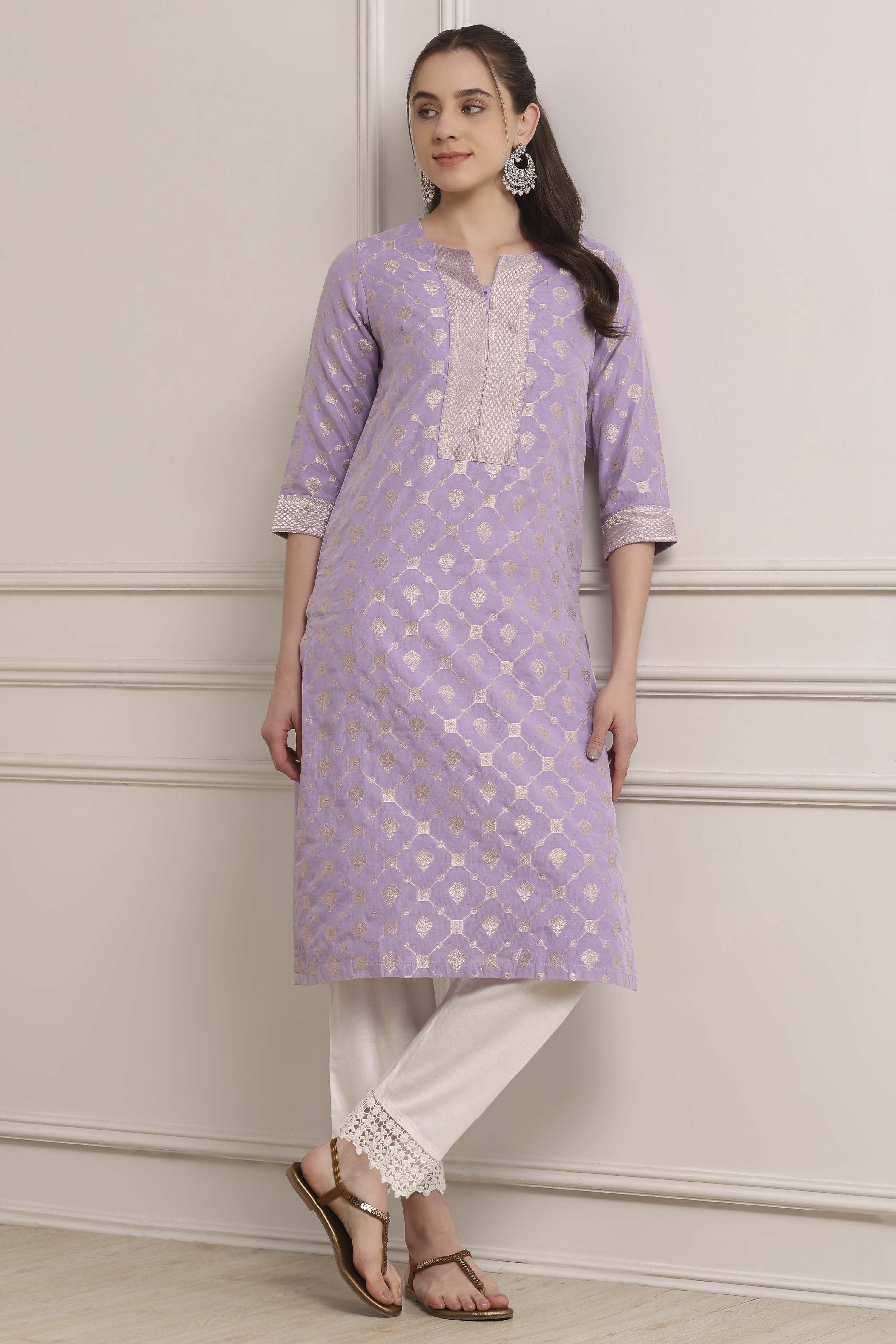 Lilac Poly Cotton Straight Kurta Pants Set image number 0
