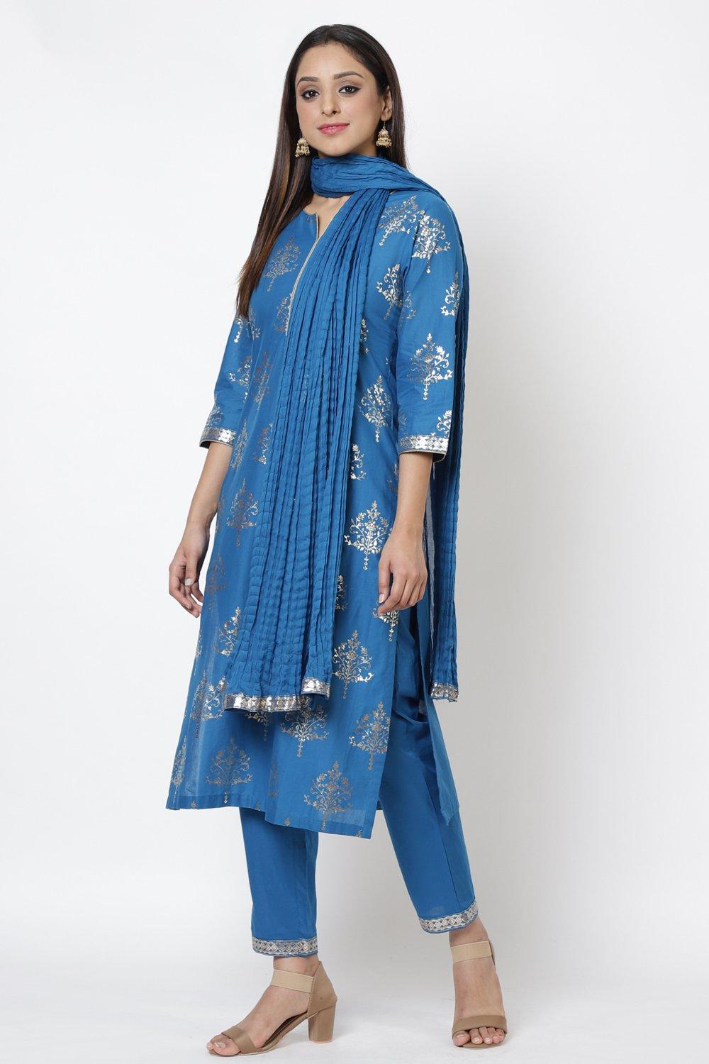 Royal Blue Straight Kurta Regular Pants Suit Set image number 2