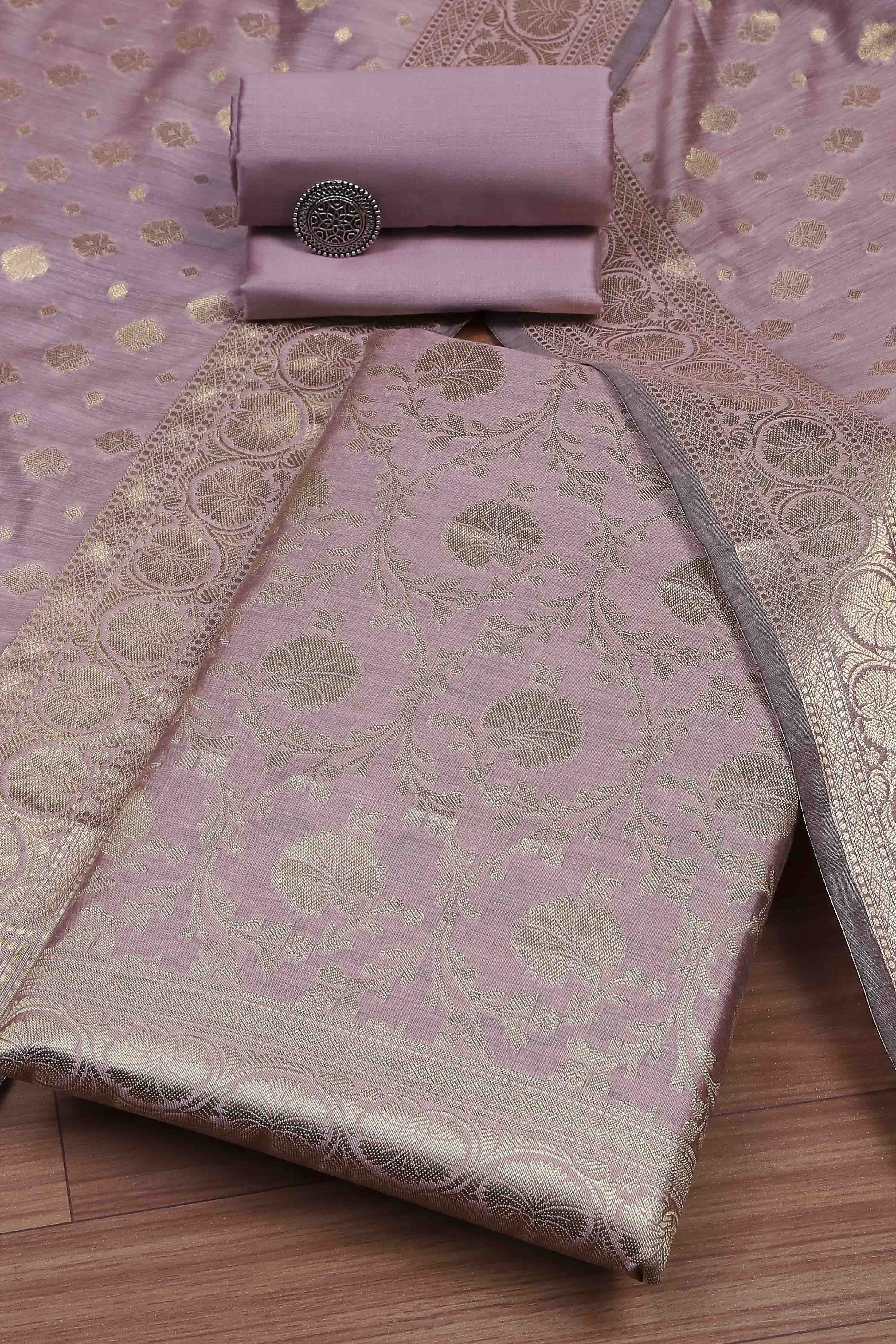 Dusty Mauve Banarasi Chanderi Banarasi Print Unstitched Suit Set image number 0