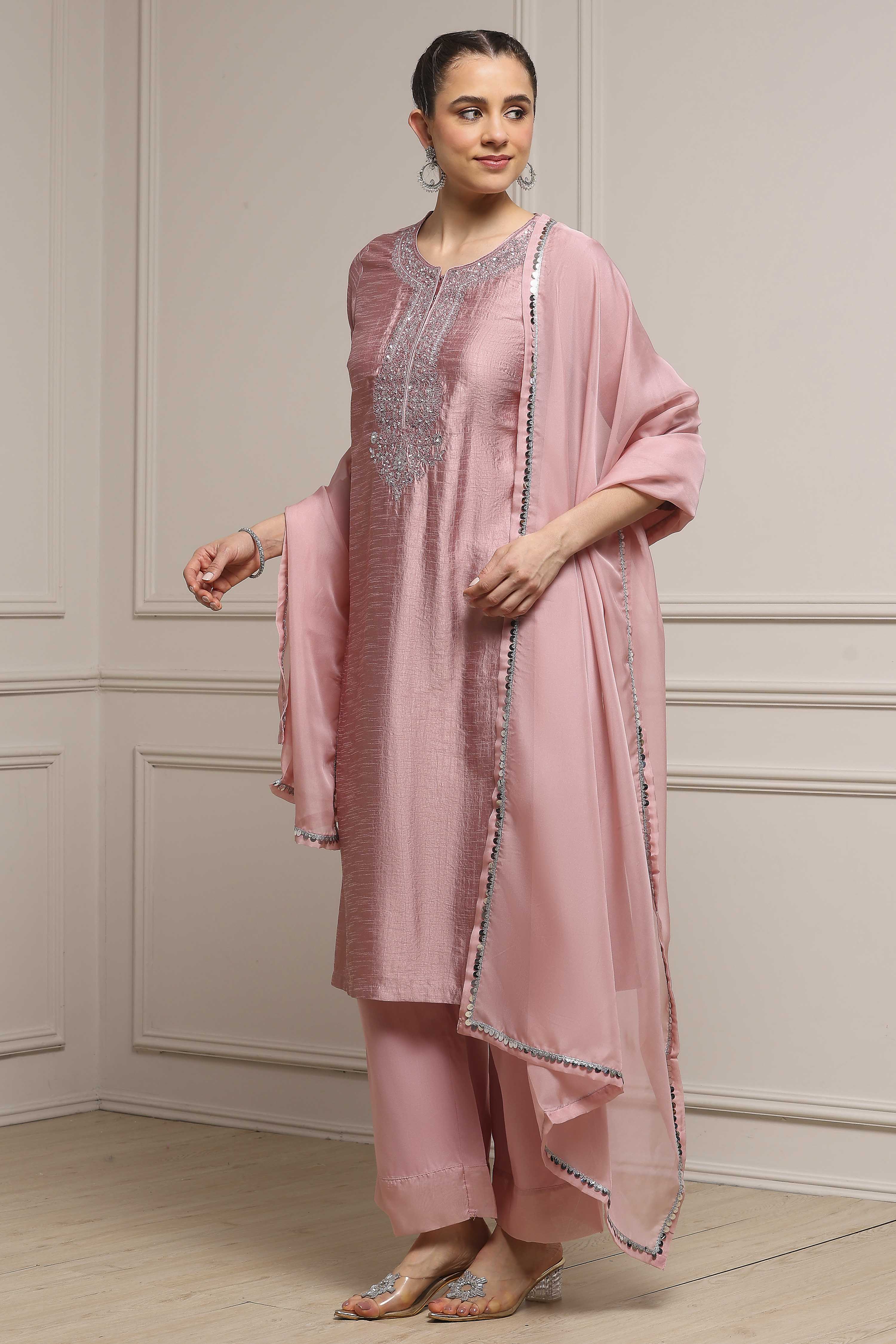 Light Green Art Silk Embroidered Straight Suit Set image number 3