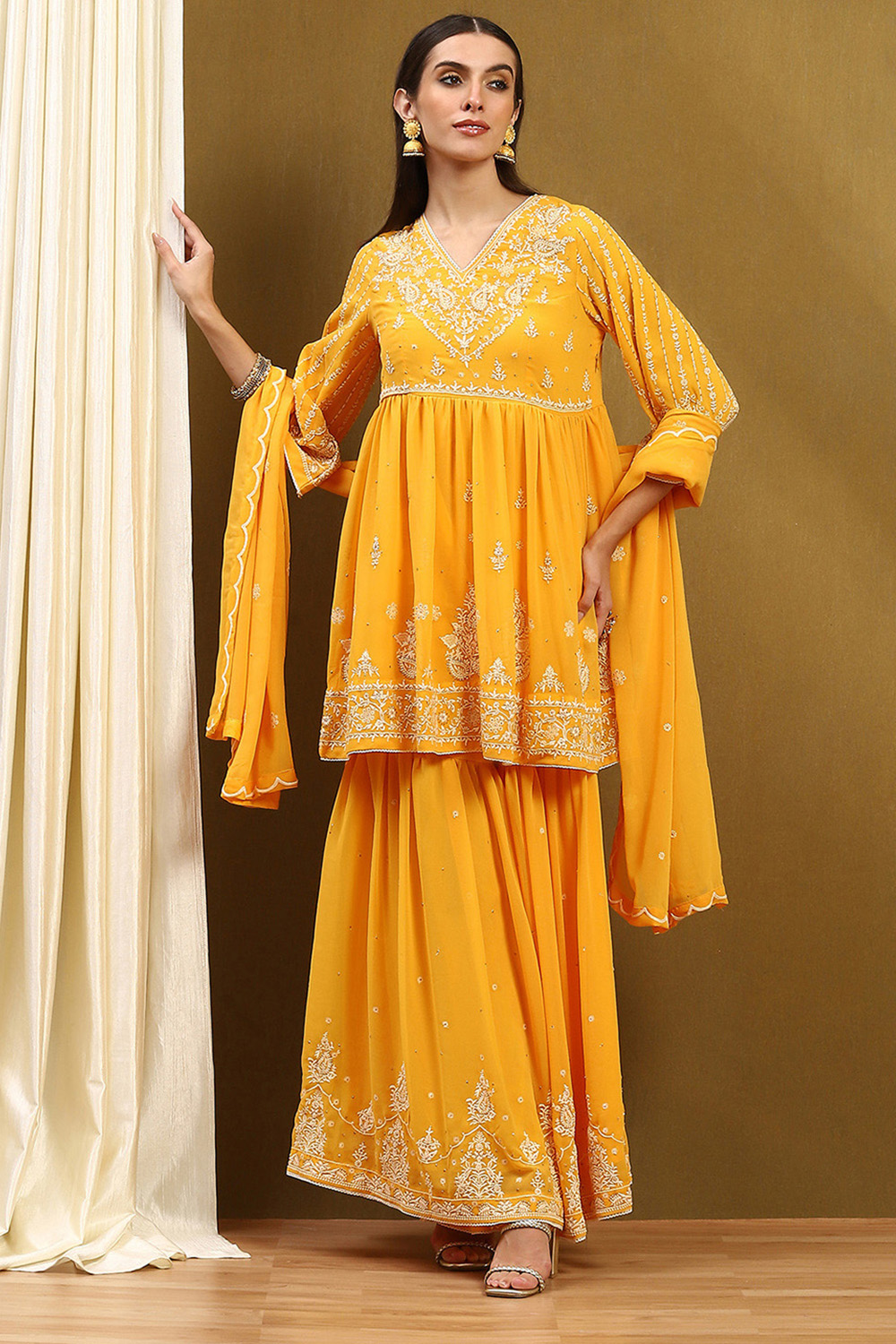 Yellow Georgette Gathered Suit Set image number 0