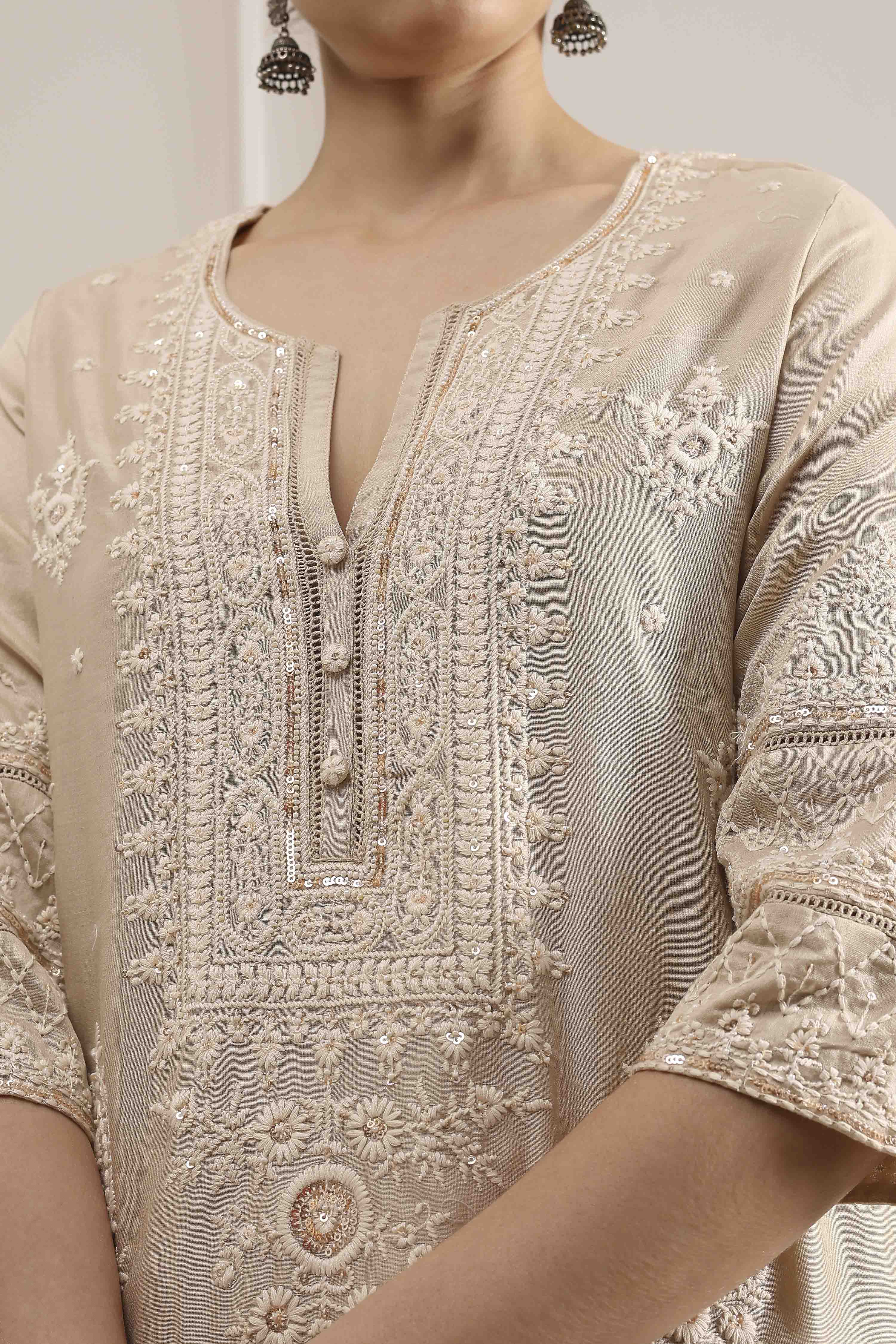 Natural White Chanderi Embroidered Straight Suit Set image number 1