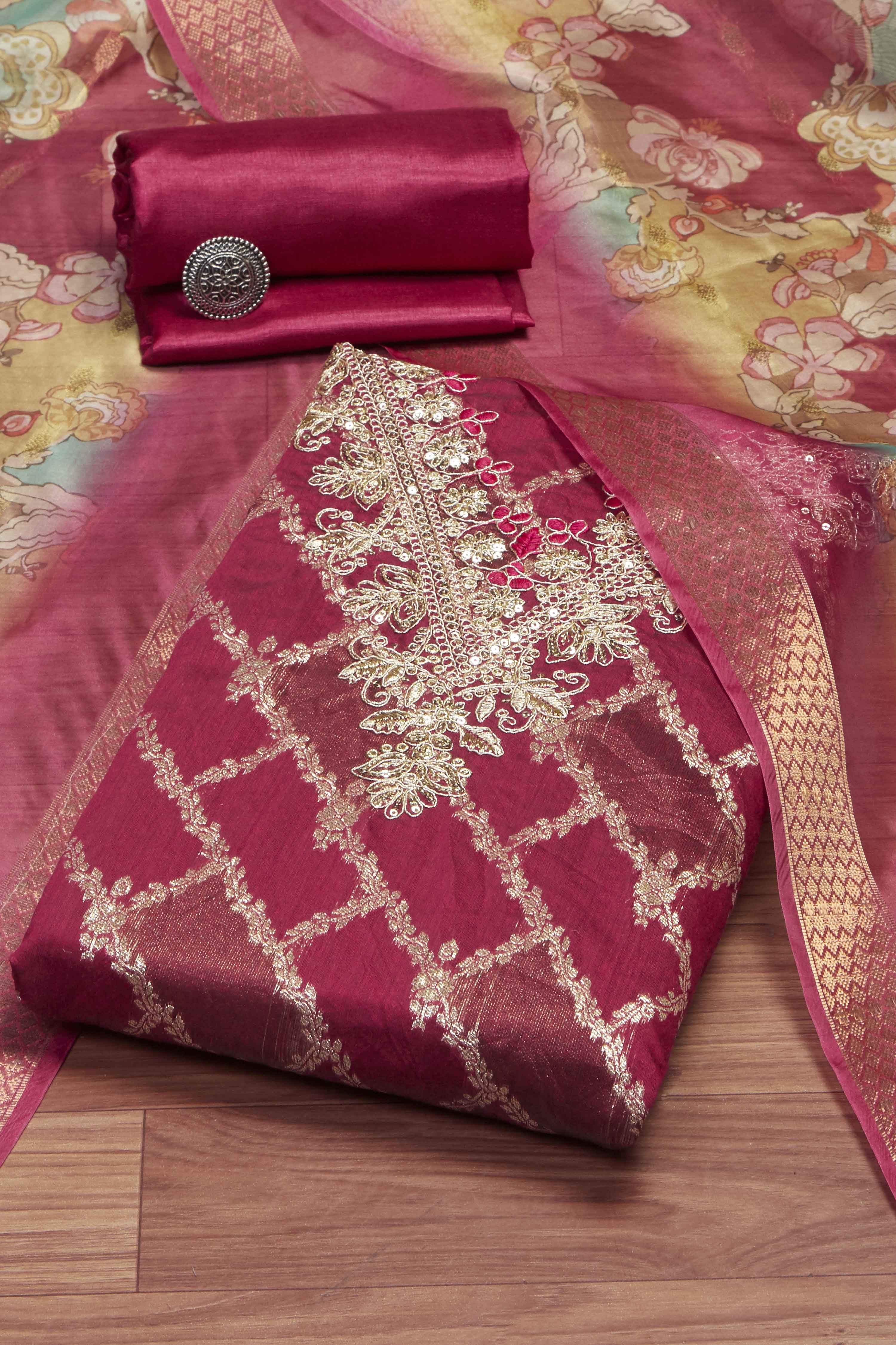 Blue Cotton Printed Embroidered Unstitched Suit Set image number 0