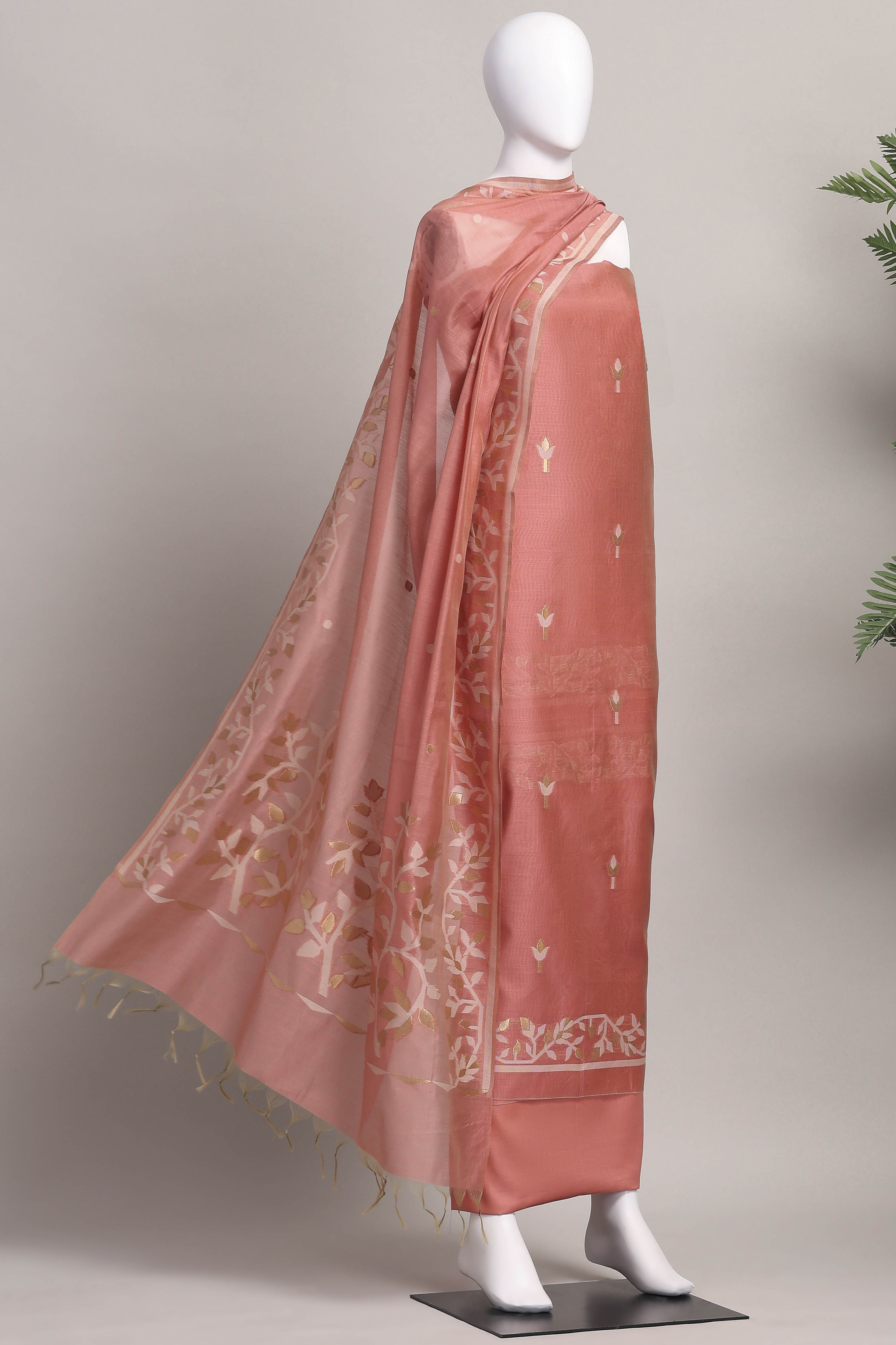 Rust Cotton Jamdani Unstitched Suit Set image number 4