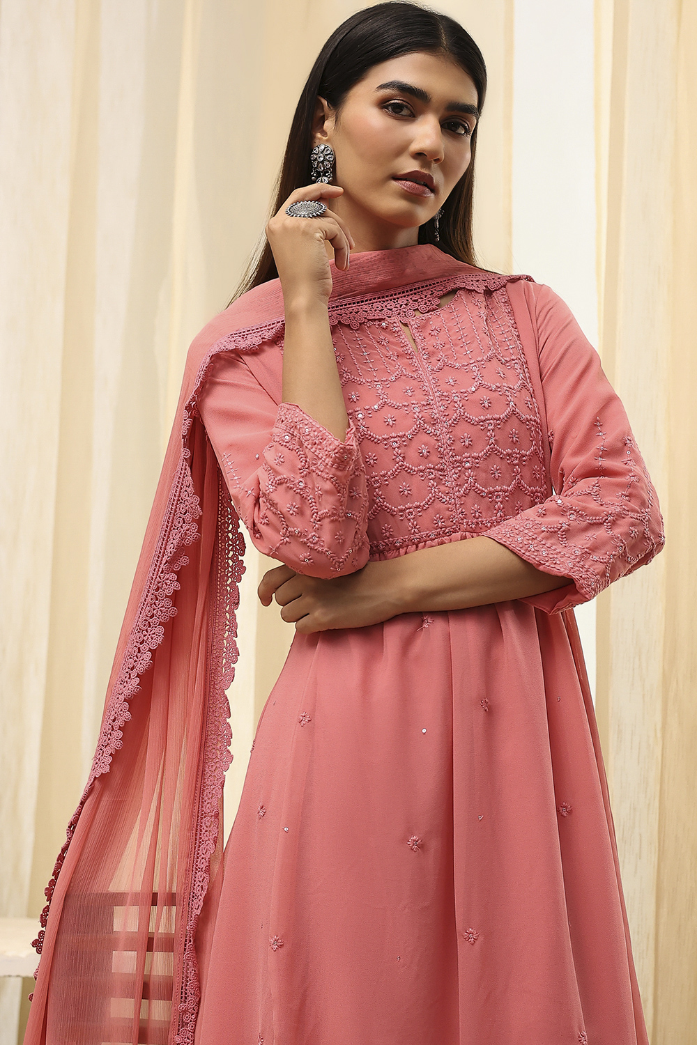 Pink Embroidered Flared Suit Set image number 1
