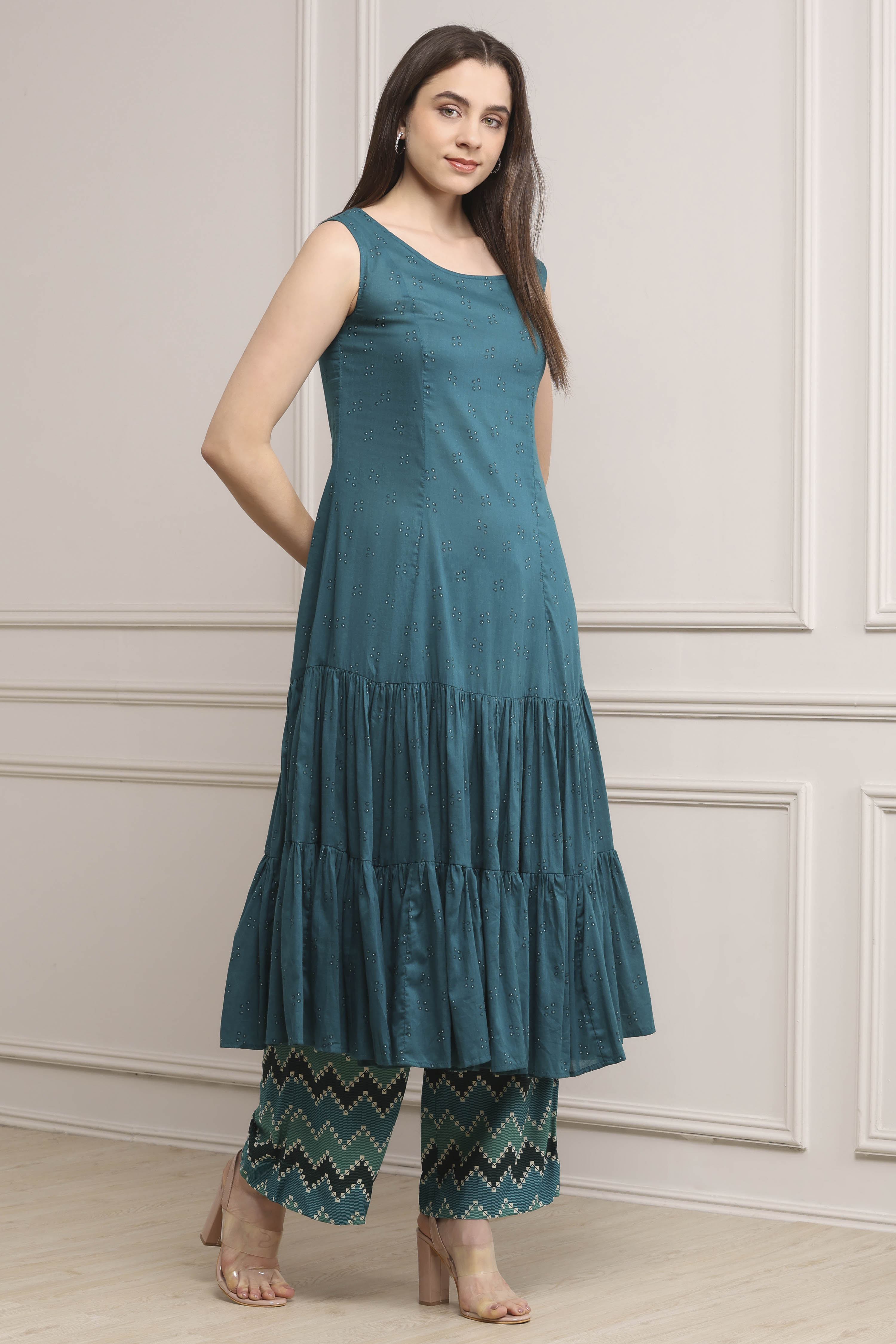 Blue Viscose Rayon Flared Kurta Pants Set image number 6
