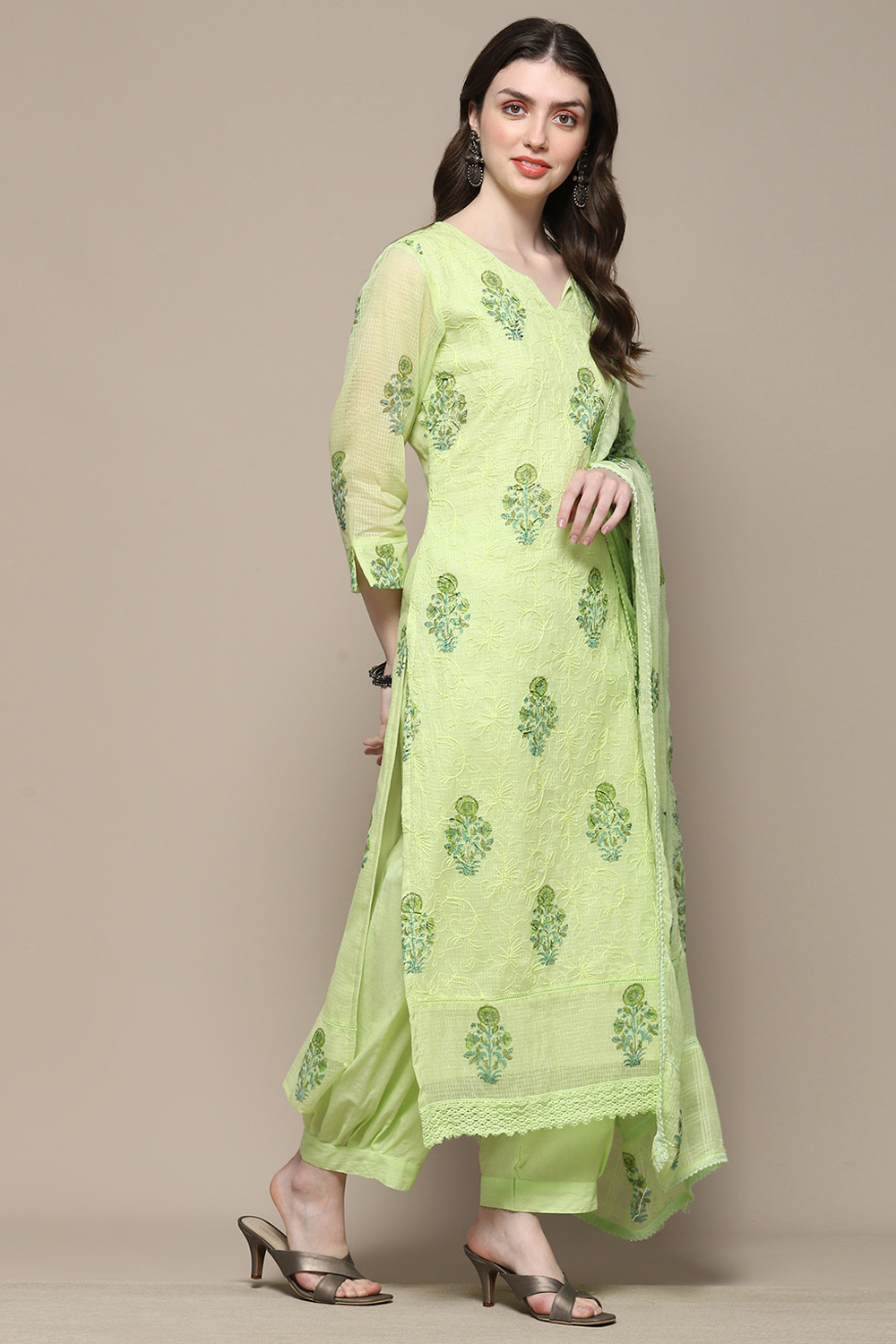 Pista Green Cotton Blend Unstitched Suit set image number 7