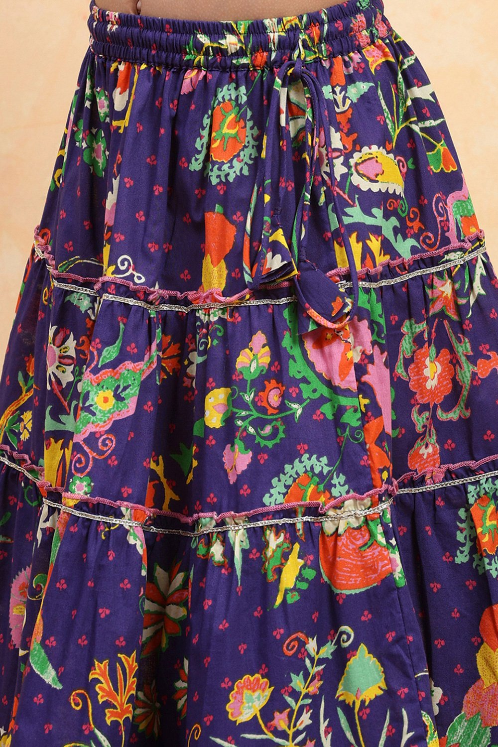Purple Cotton Printed Tiered Lehenga Set image number 2