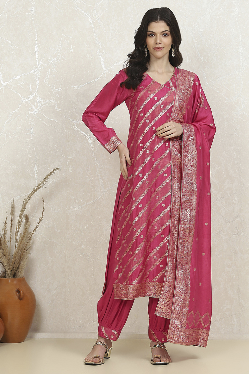 Pink Cotton Printed Embroidered Unstitched Suit Set image number 7