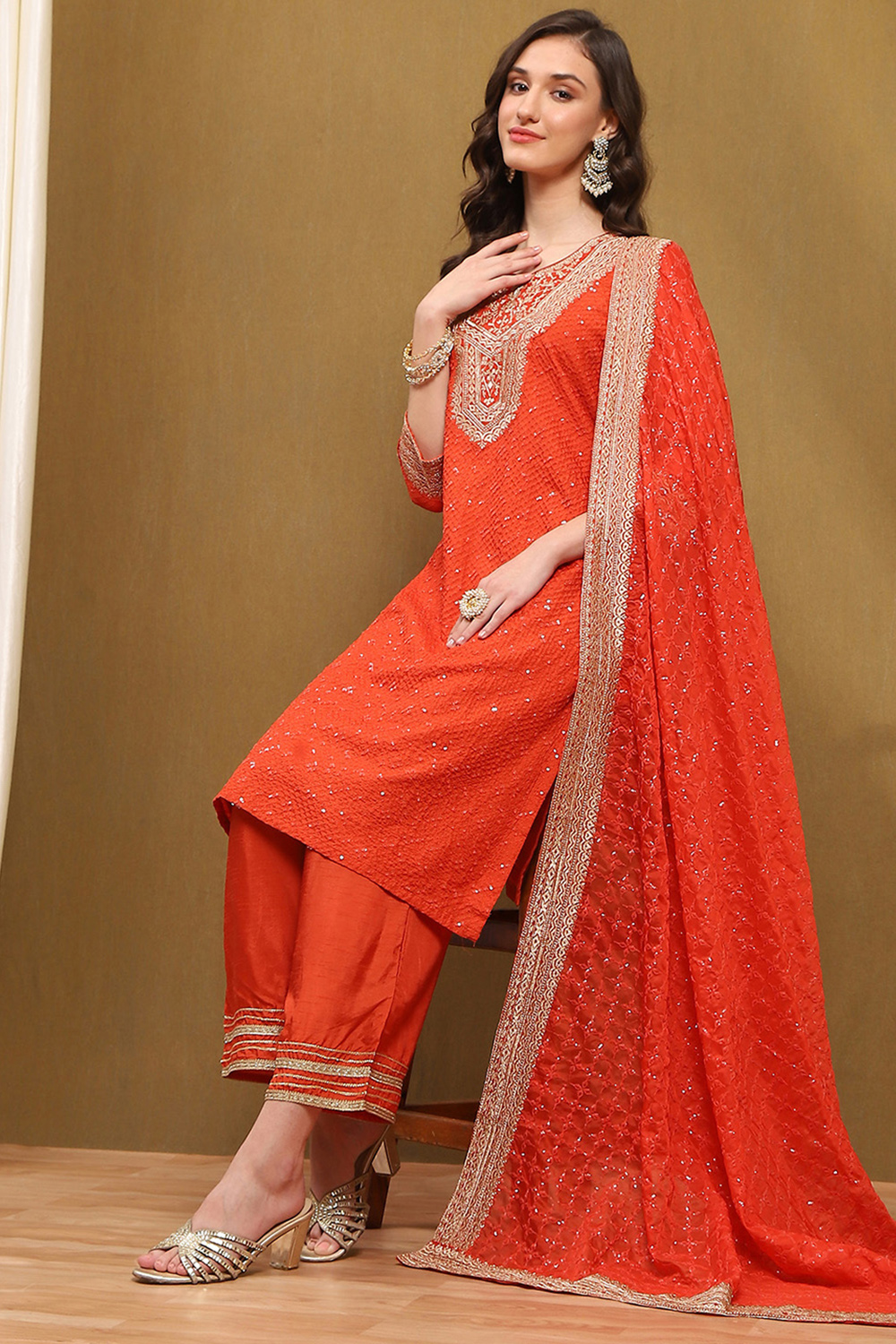 Orange Silk Embroidered Festive Straight Suit Set image number 0
