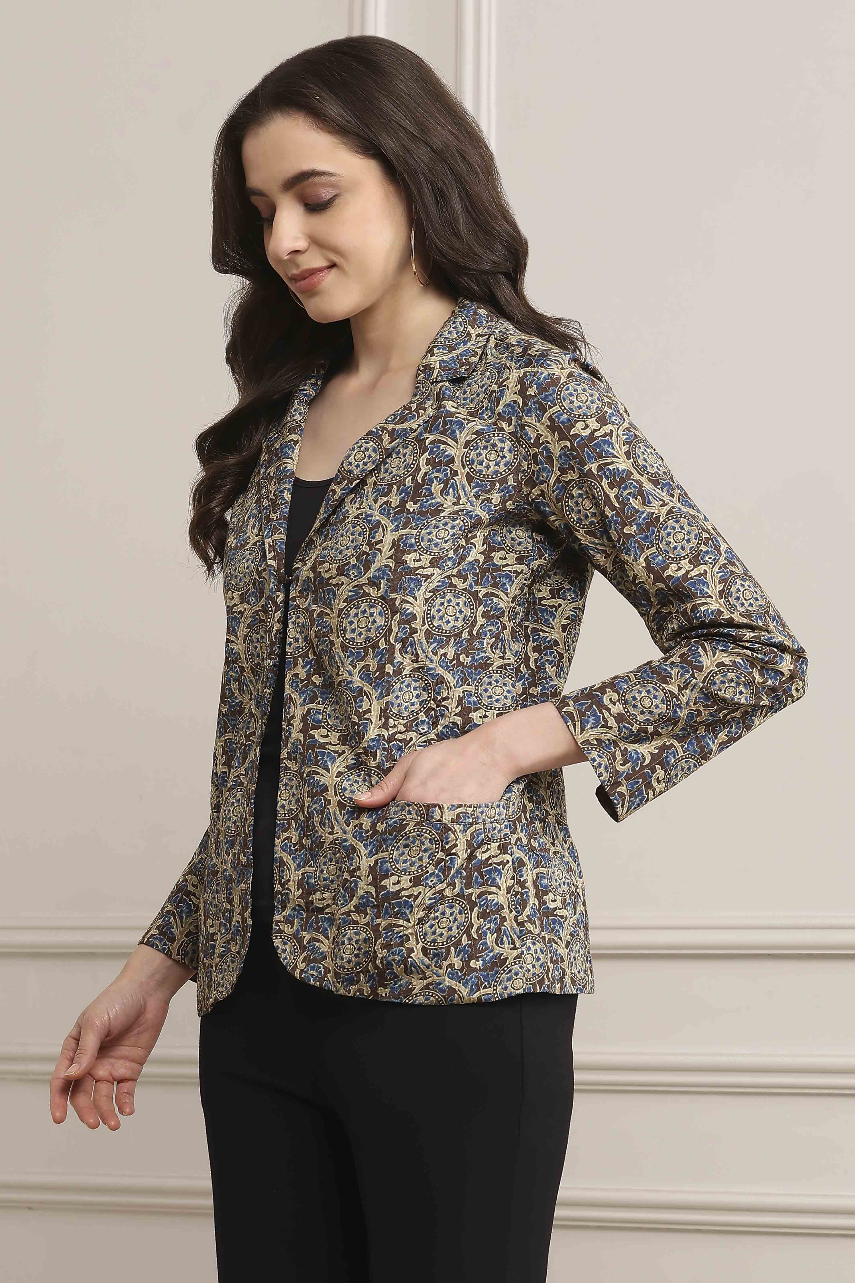 Brown Viscose Straight Printed Jacket image number 2