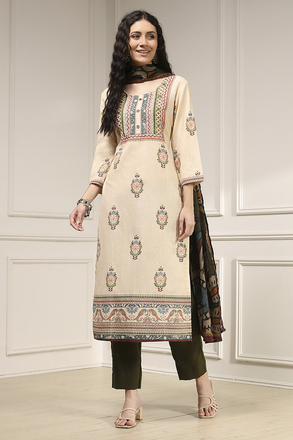Off White Cotton Printed Embroidered Unstitched Suit Set image number 1
