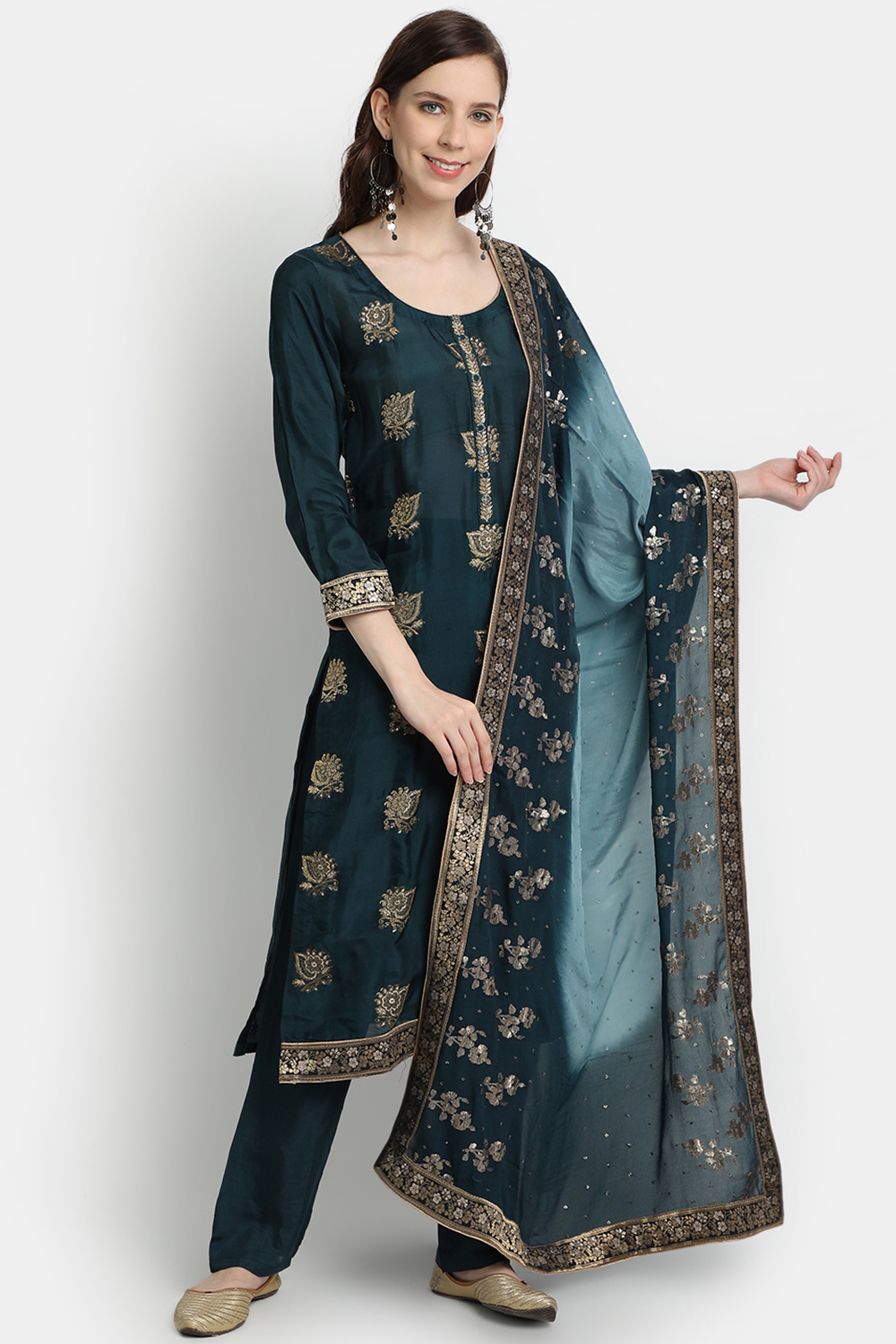 Green Chanderi Silk Unstitched Suit Set image number 0