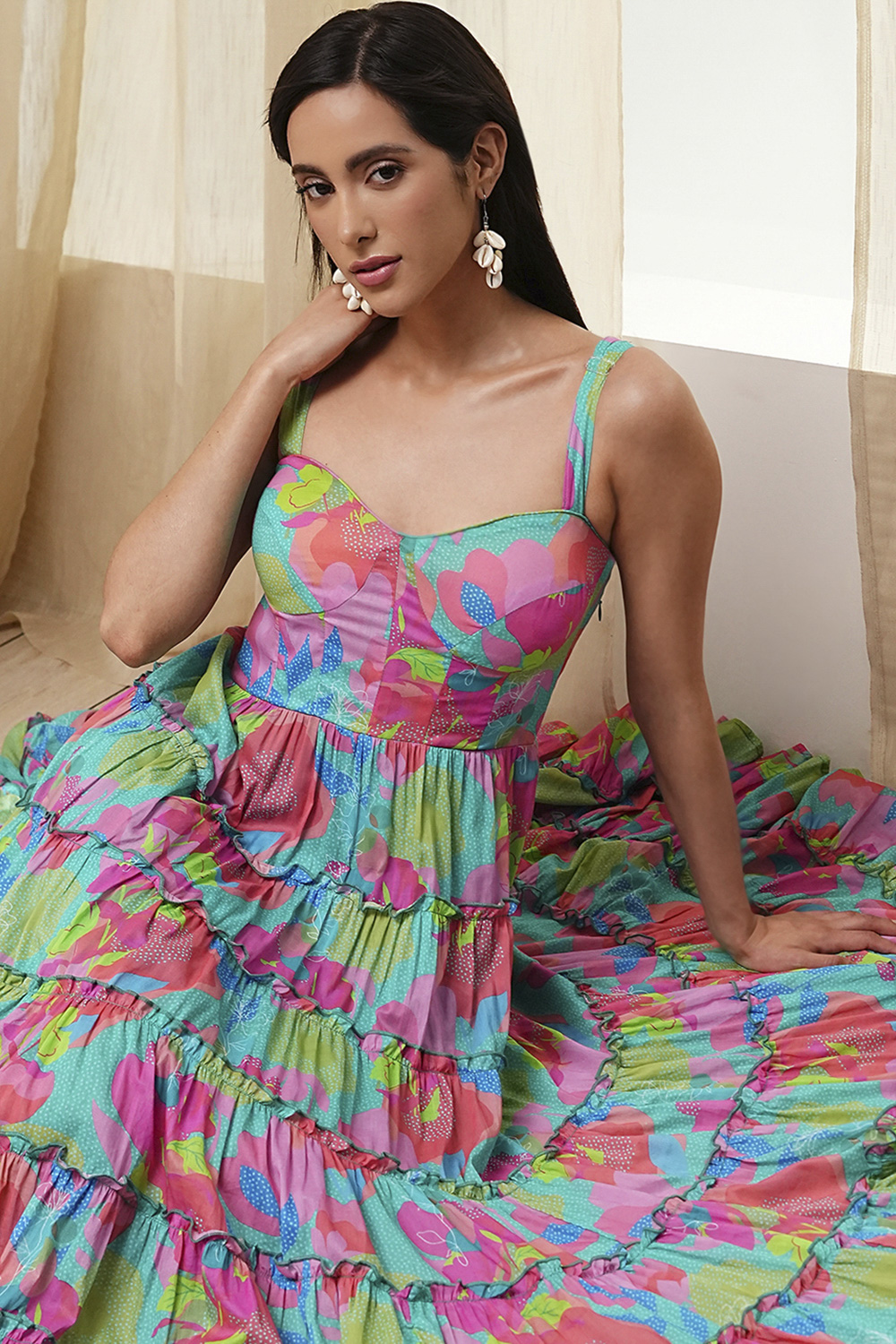 Turquoise Cotton Floral Printed Tiered Dress image number 0