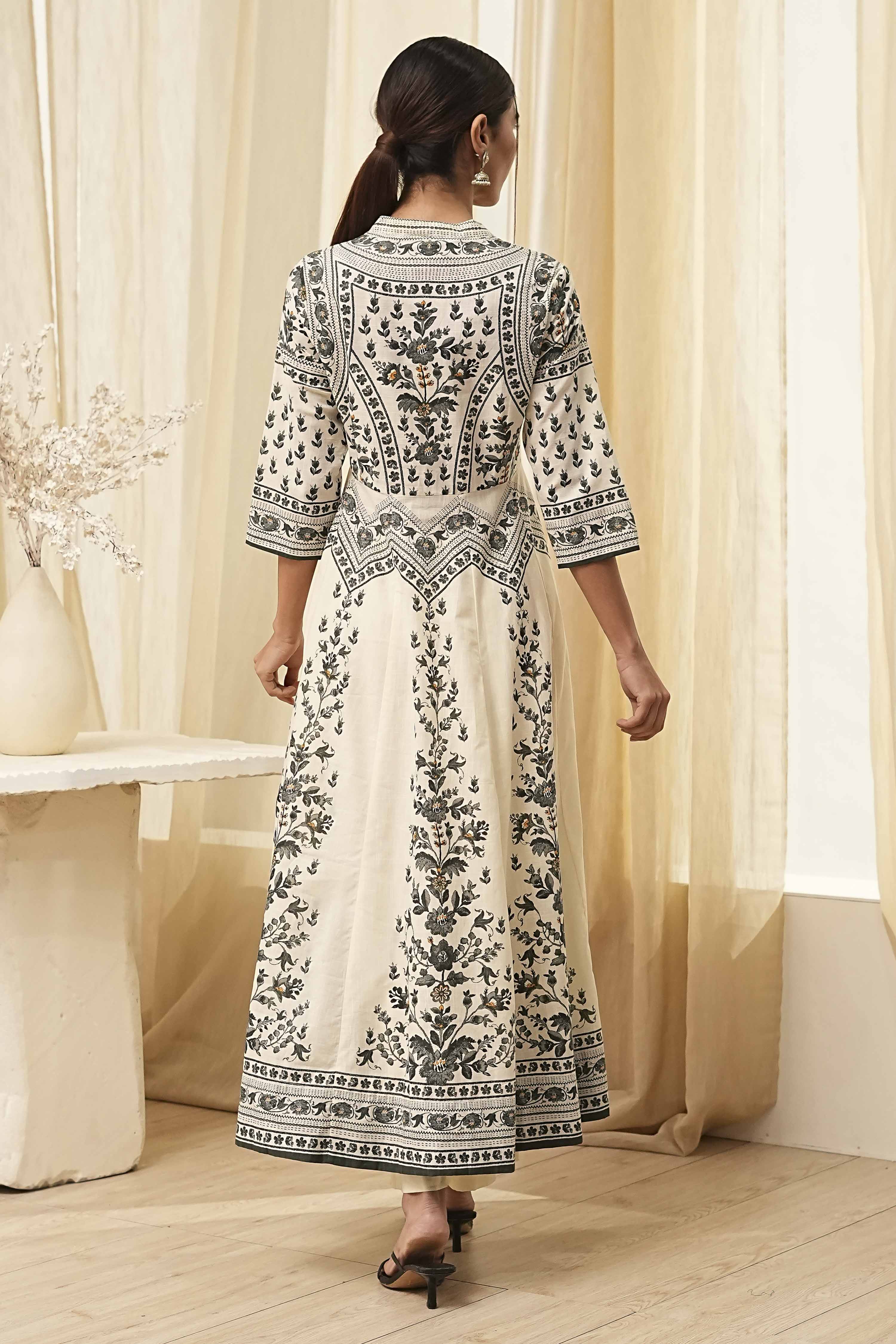 White and Black Cotton Printed Anarkali Kurta Set image number 4