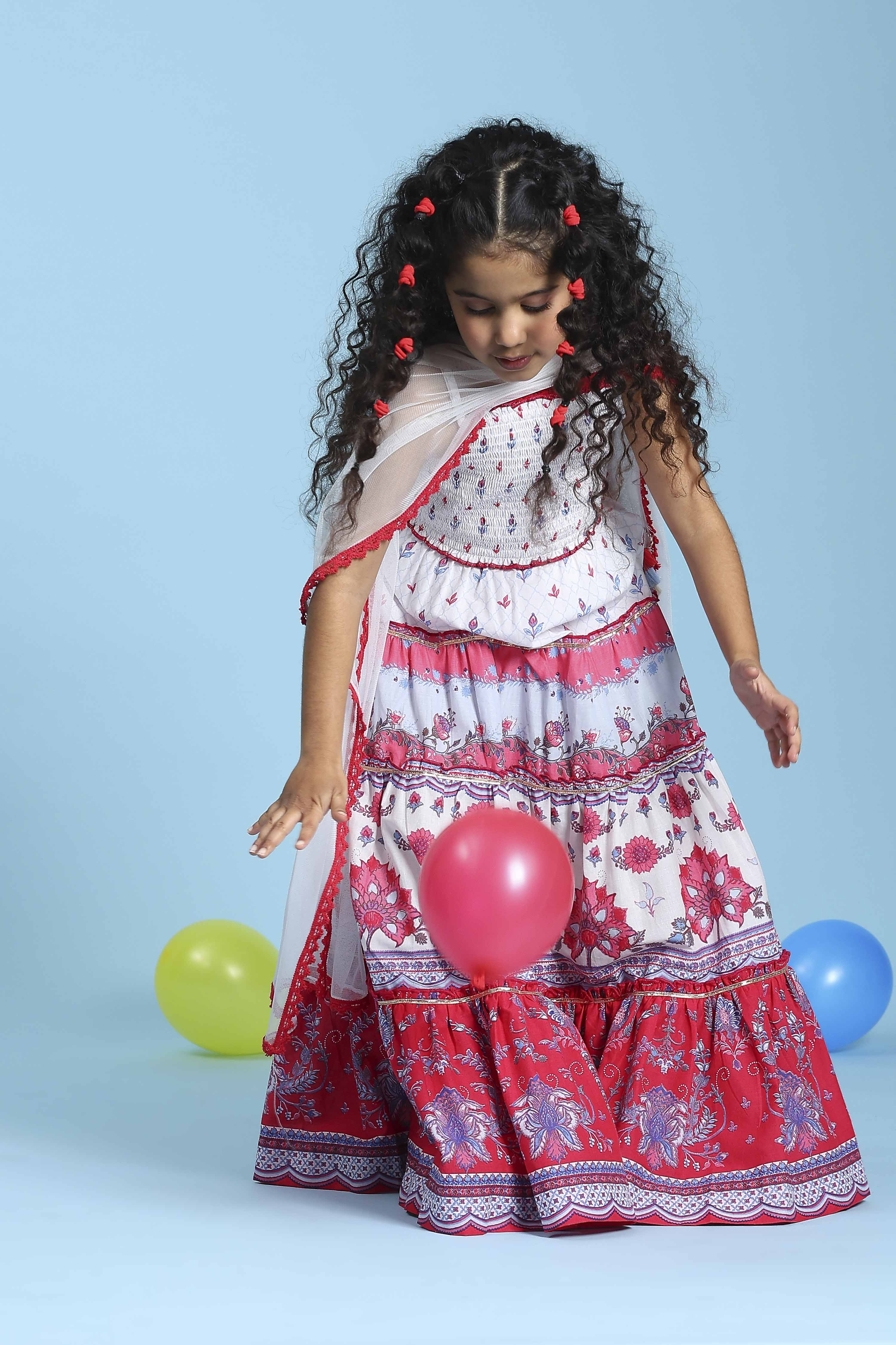 White Cotton Printed Tiered Lehenga Set image number 0