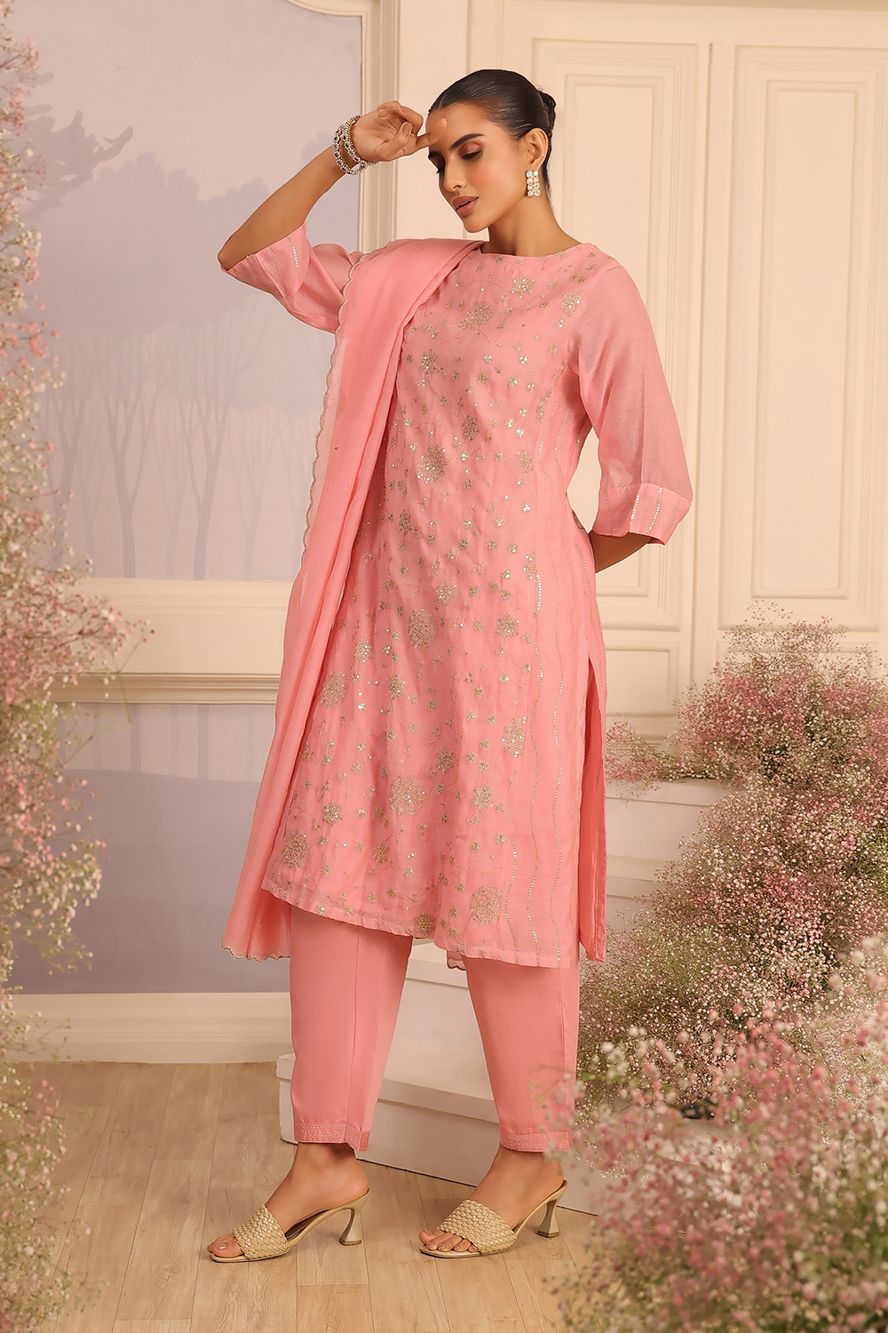 Pink Silk Embroidered Straight Suit Set image number 4