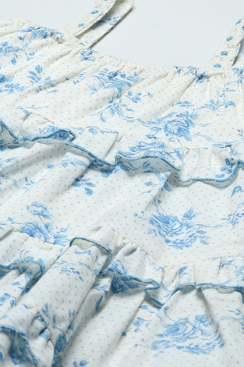 White Floral Strappy Tiered Dress With Scalloped Frill image number 1